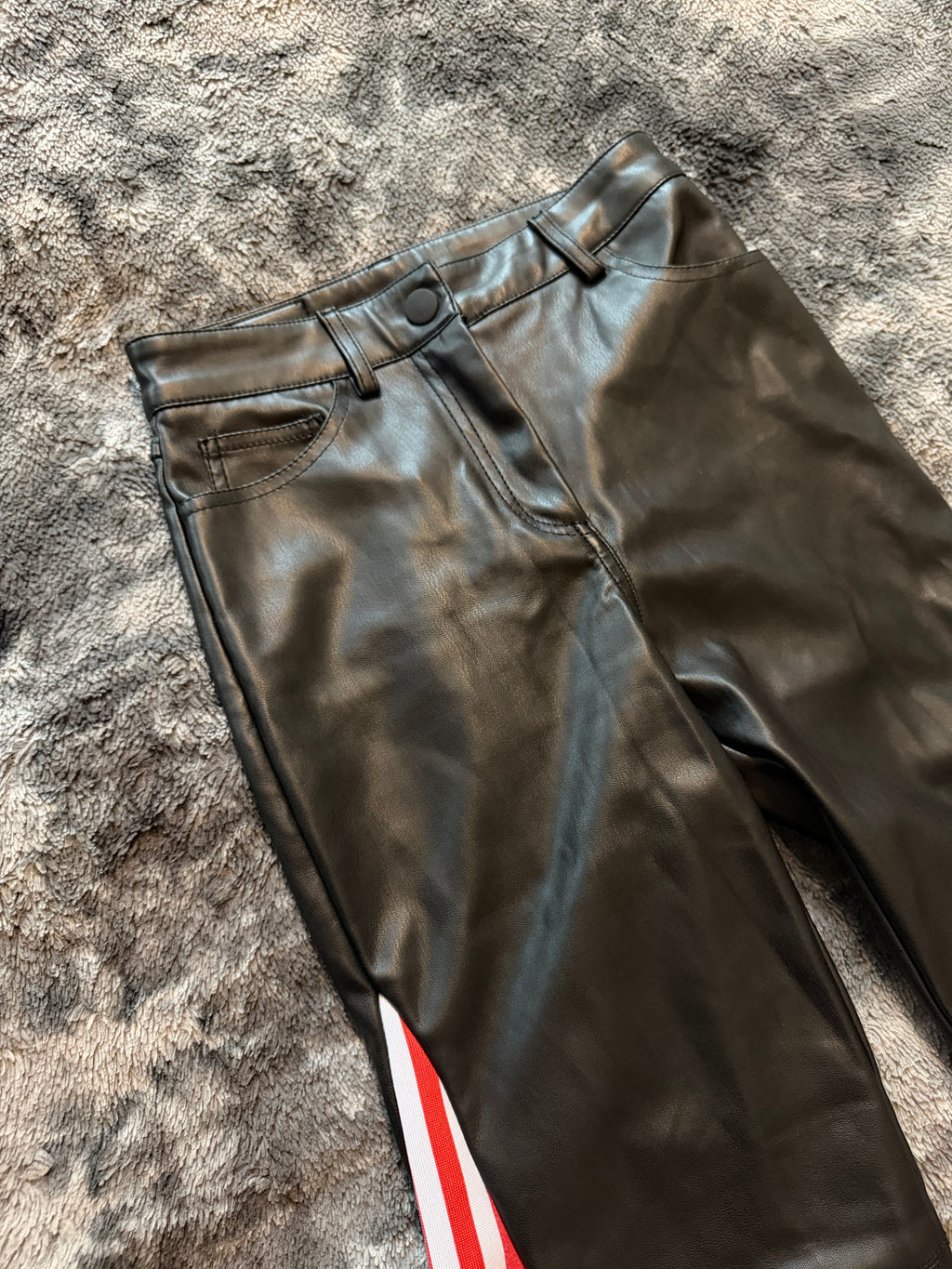 Black Leather 3-Stripes Red Flare Pants – Size S/XS