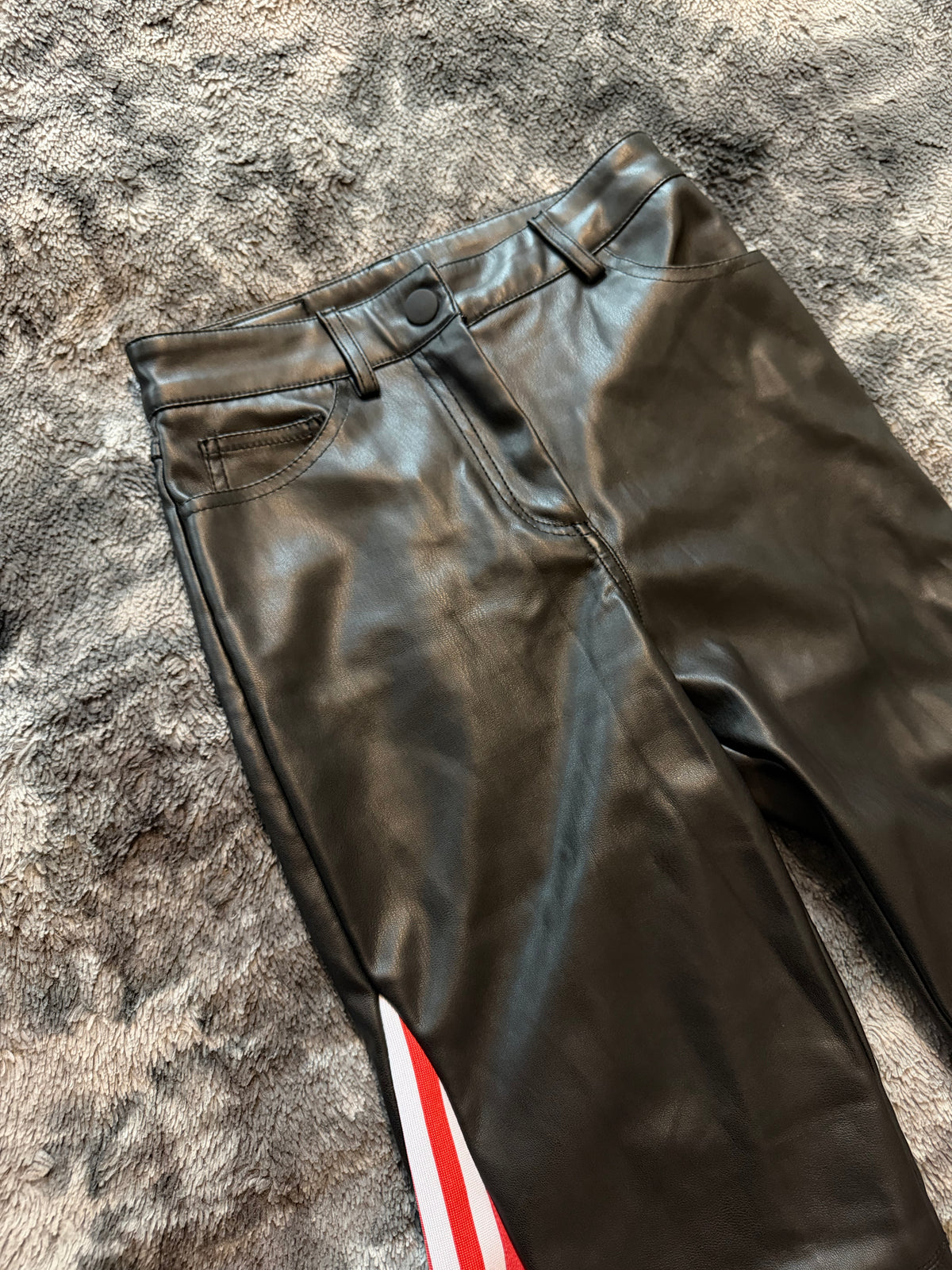 Black Leather 3-Stripes Red Flare Pants – Size S/XS