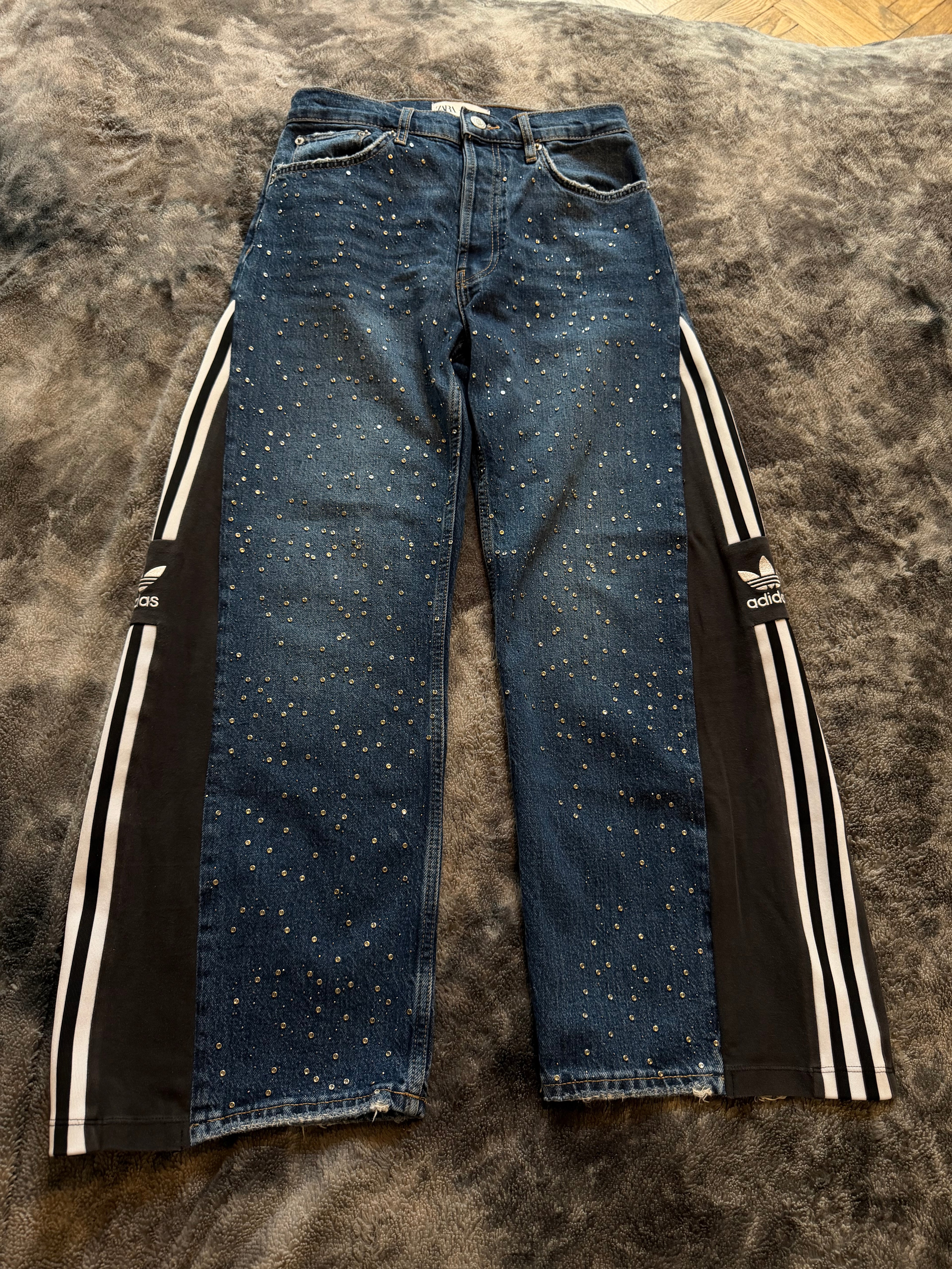 Rhinestone Three Stripe Baggy Jeans – Size S/XS