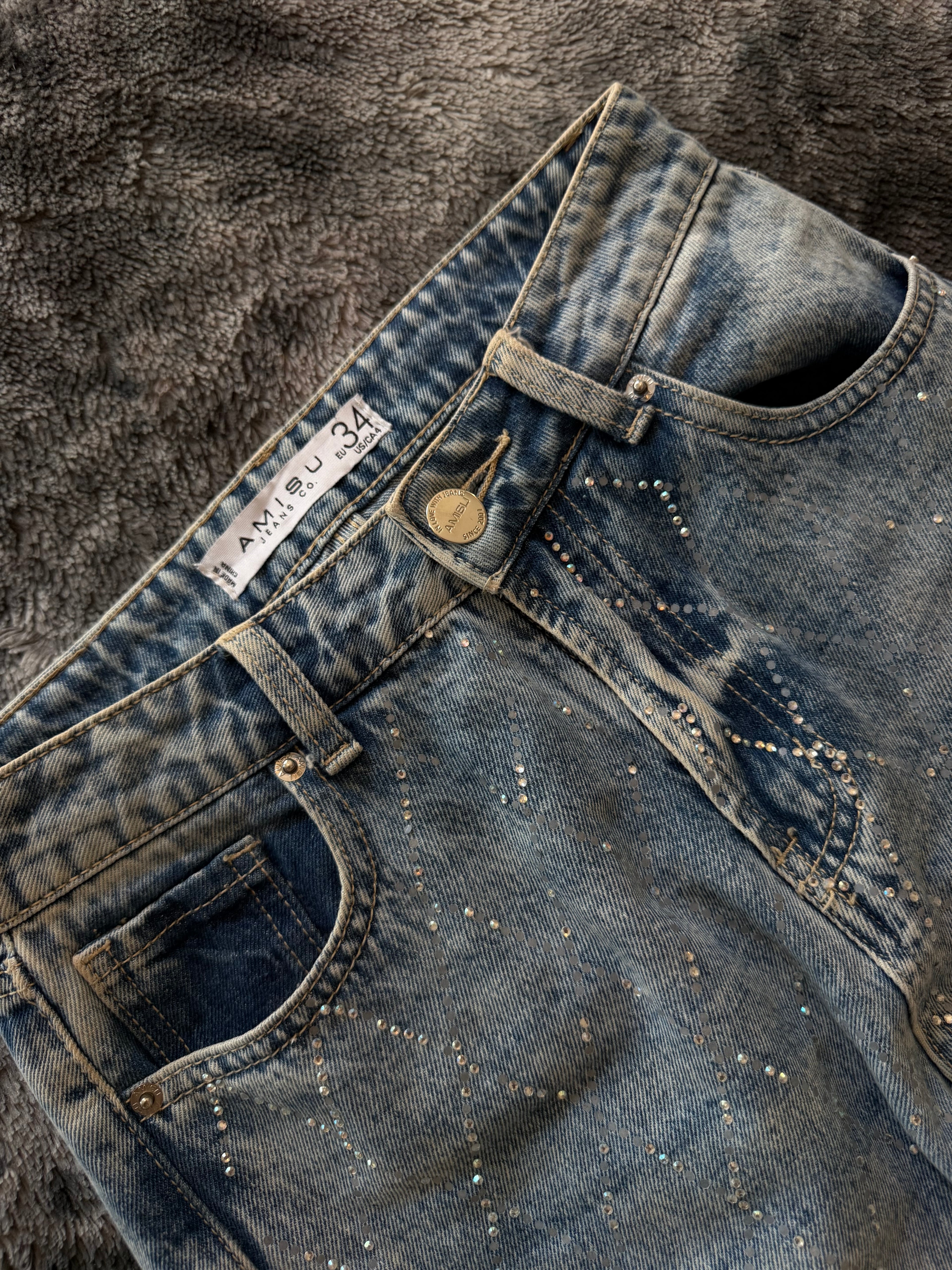 Blue Denim Rhinestone Jeans – XS/XXS | Wide Leg | 3 Stripes Streetwear