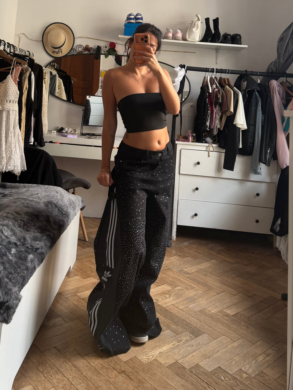Black Rhinestone Triple Stripe Baggy Jeans – Wide Leg (L/M)