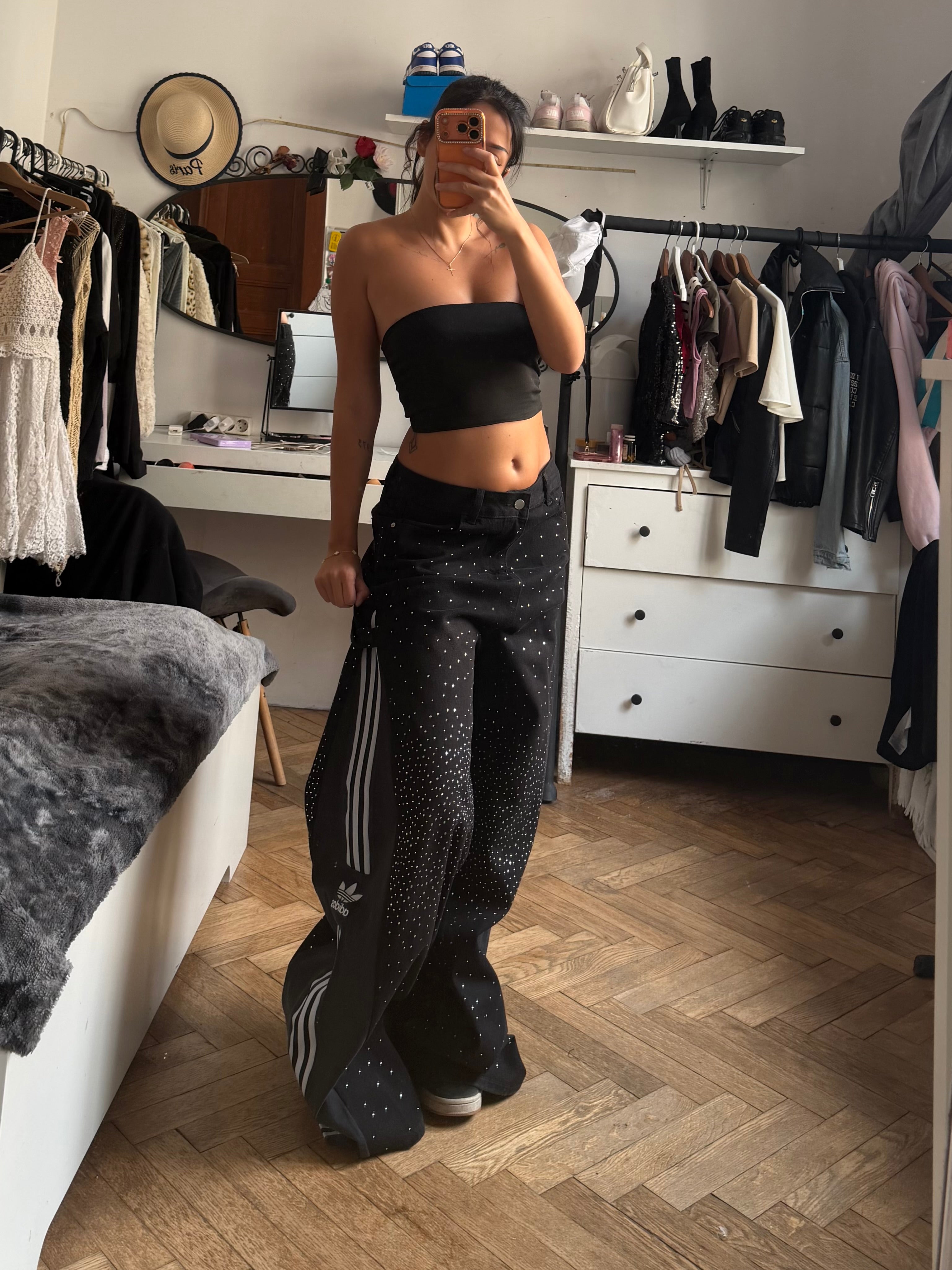 Black Rhinestone Triple Stripe Baggy Jeans – Wide Leg (L/M)