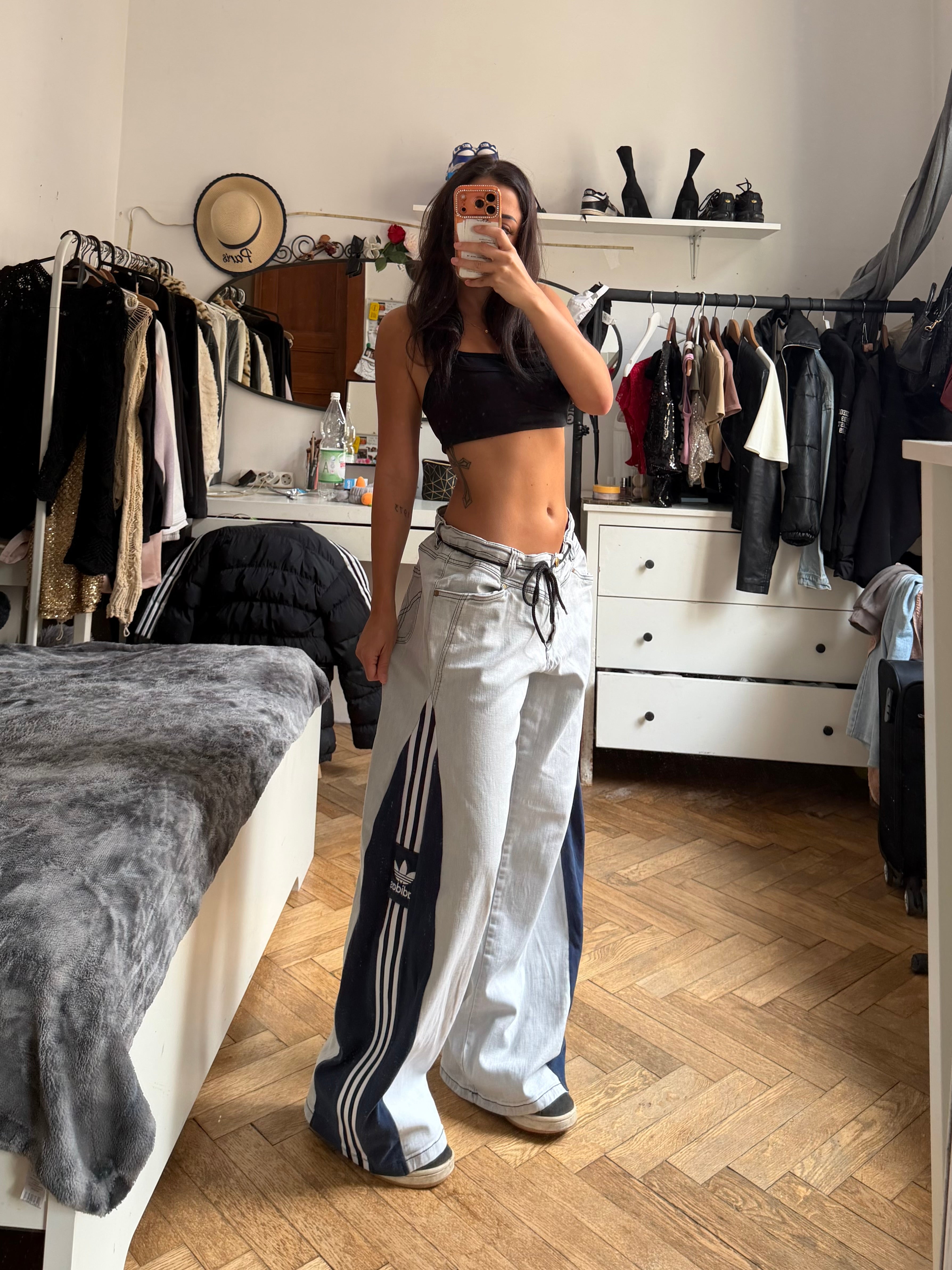 💙 Custom Light Wash Jeans with Blue Bell Bottoms and Three Stripes – One of a Kind – Size L/XL