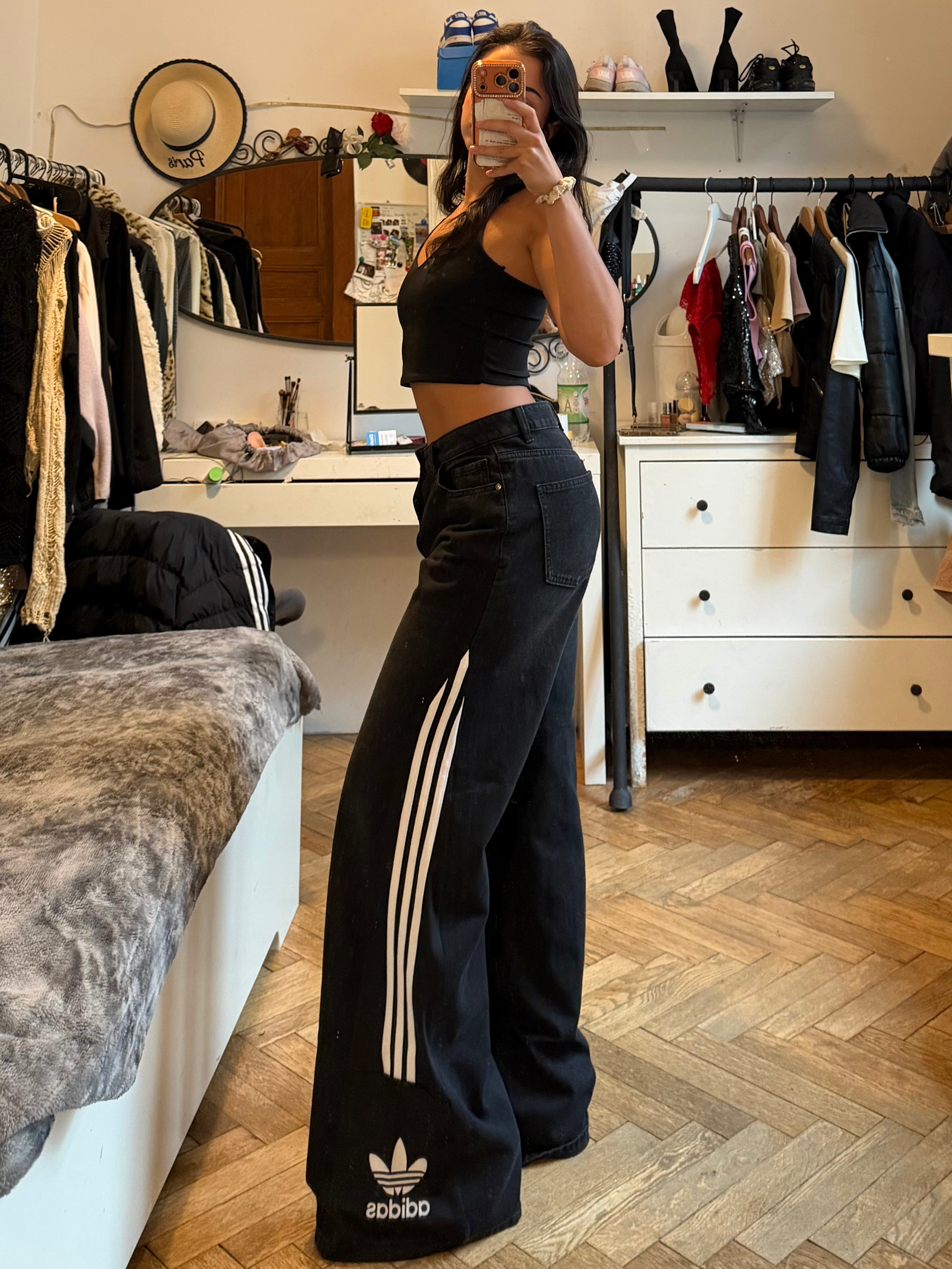 🖤 Custom Black Baggy Jeans with Three Stripes – One of a Kind – Size M