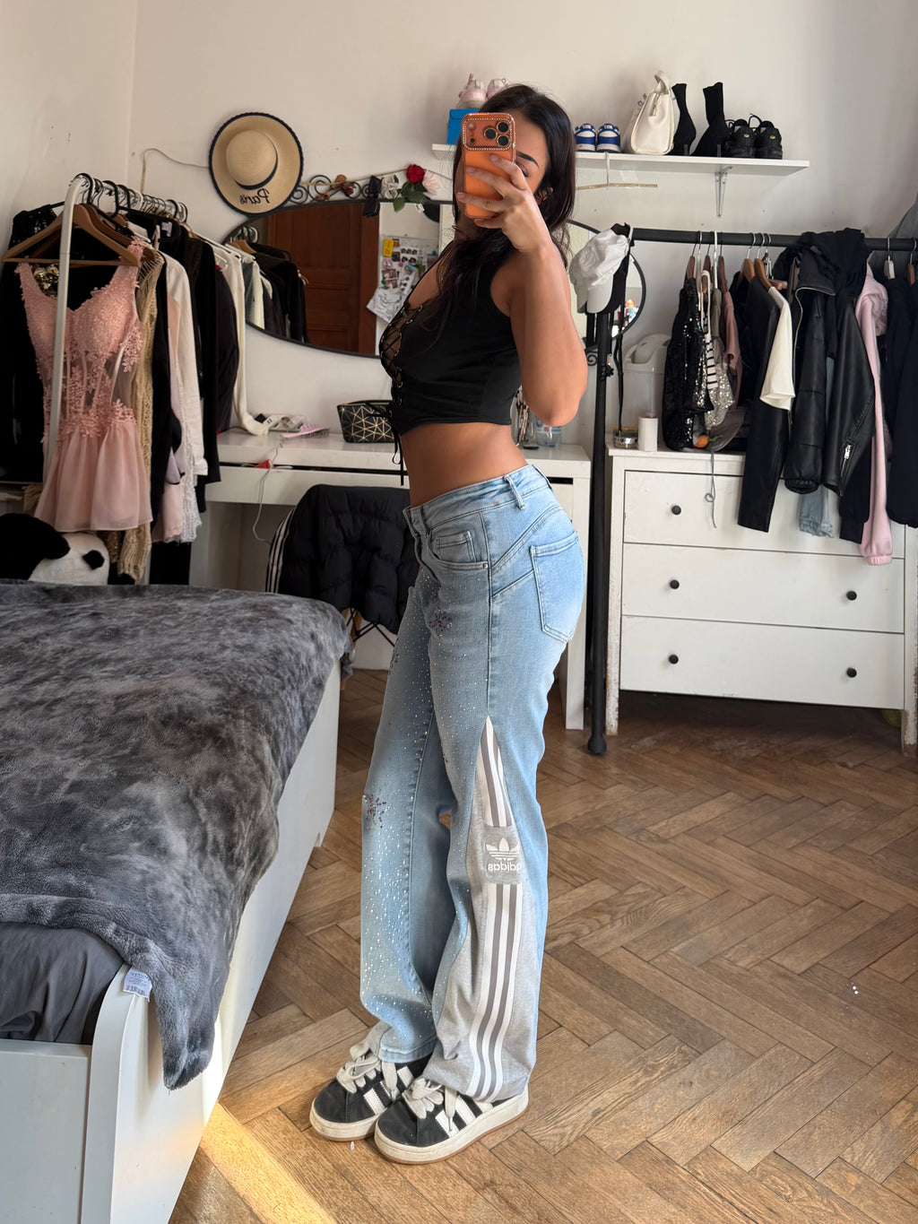 Grey Butterfly Rhinestone Flare Jeans – 3 Stripe Push Up Wide Leg size m-xs