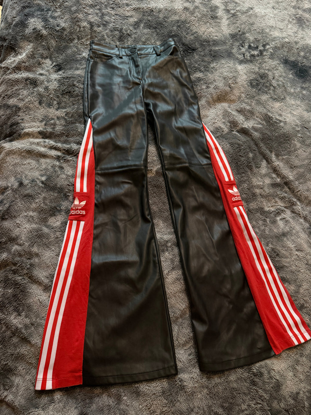 Black Leather 3-Stripes Red Flare Pants – Size S/XS