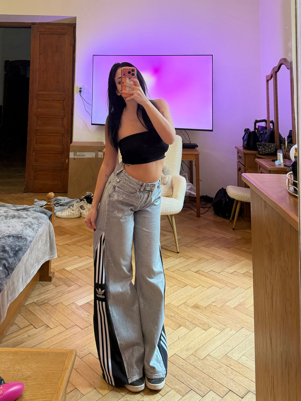 Metallic Grey Three Stripes Wide-Leg Pants – Streetwear size S