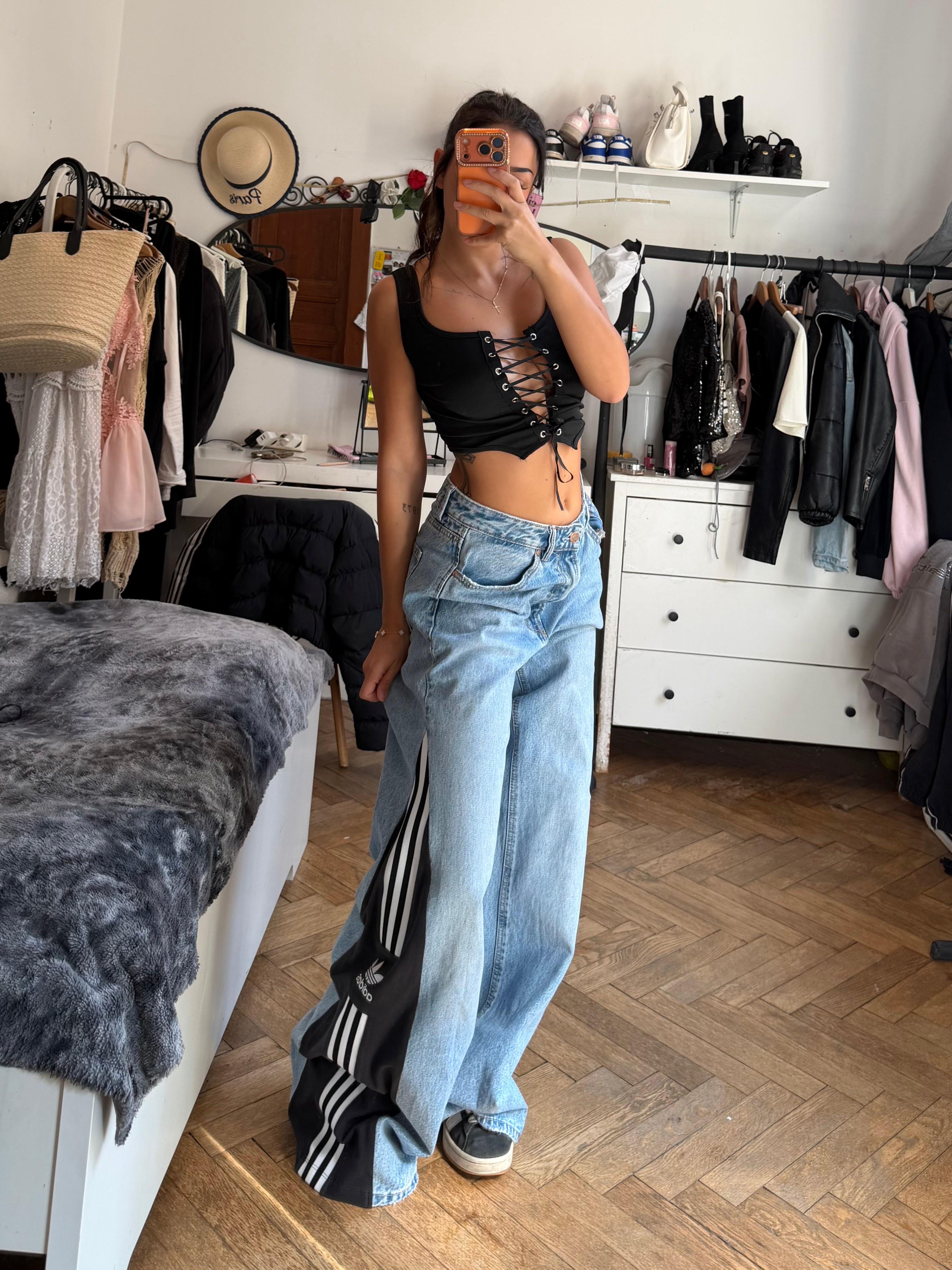 Blue Denim Baggy Jeans – Size L | Wide Leg | 3 Stripes Streetwear