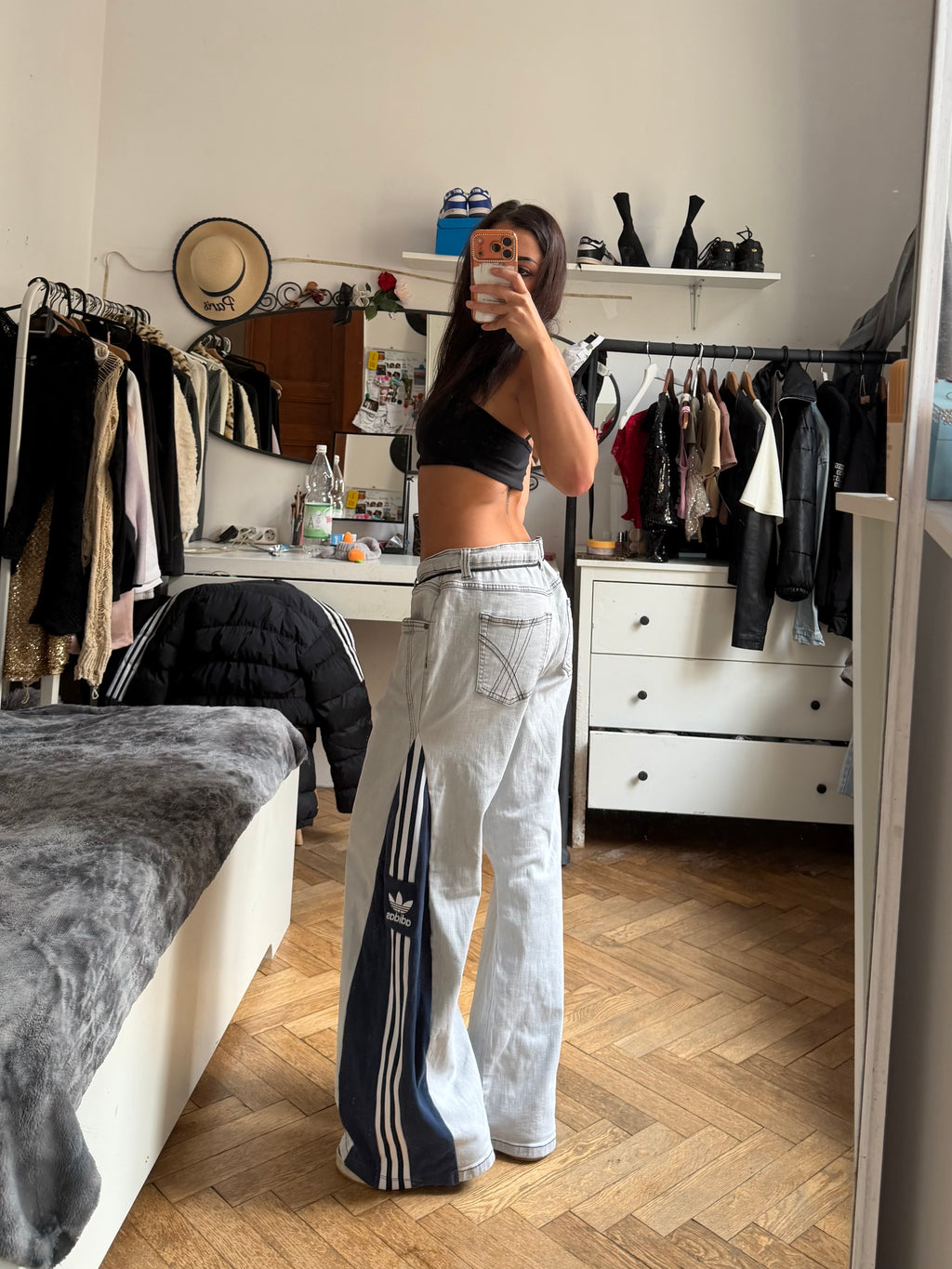 💙 Custom Light Wash Jeans with Blue Bell Bottoms and Three Stripes – One of a Kind – Size L/XL