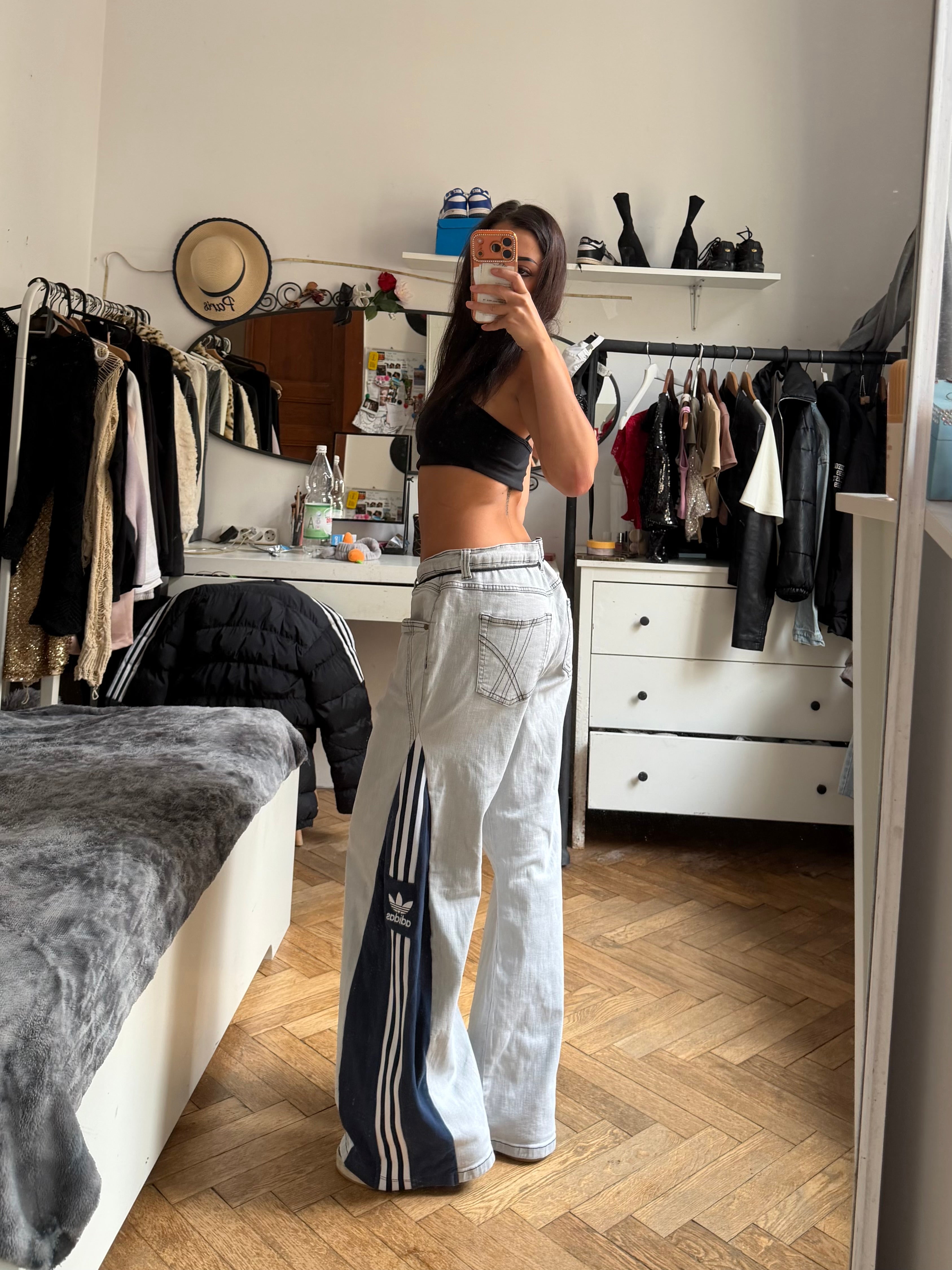 💙 Custom Light Wash Jeans with Blue Bell Bottoms and Three Stripes – One of a Kind – Size L/XL