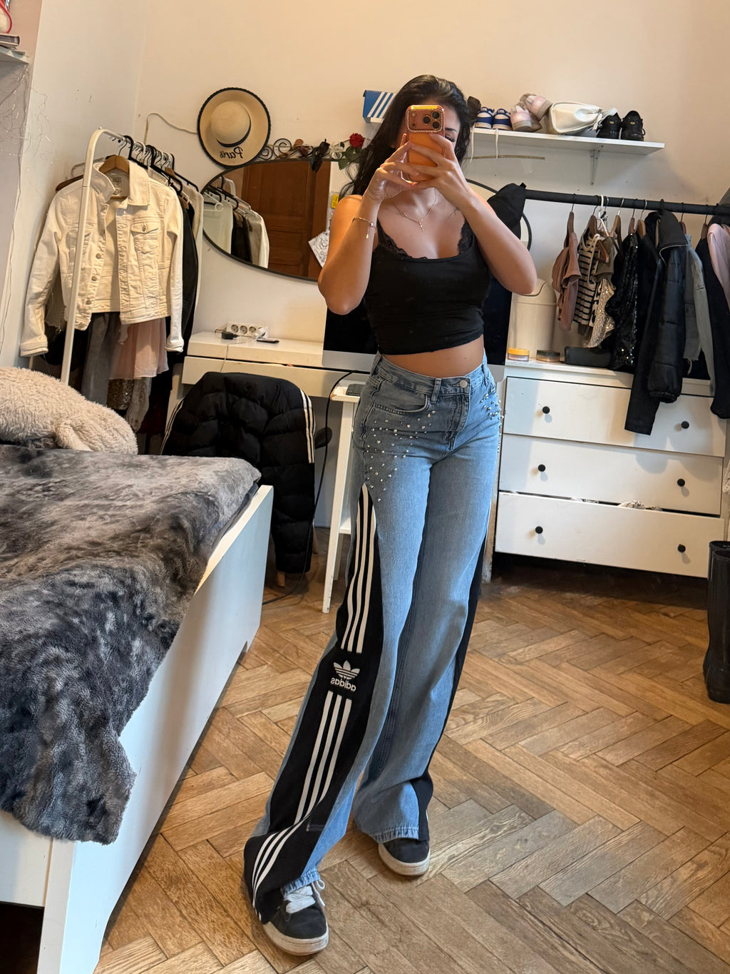Denim 3-Stripes Diamond Wide-Leg Jeans – Size S/M