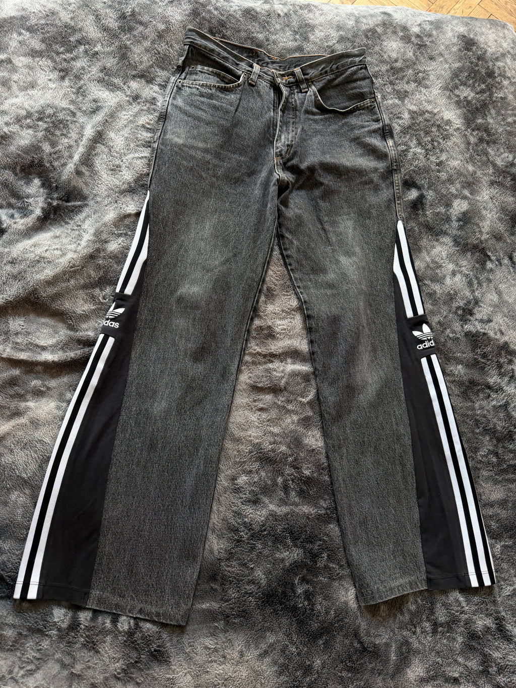 Custom Dark Grey Jeans with Three Stripes – One of a Kind – Size S/M