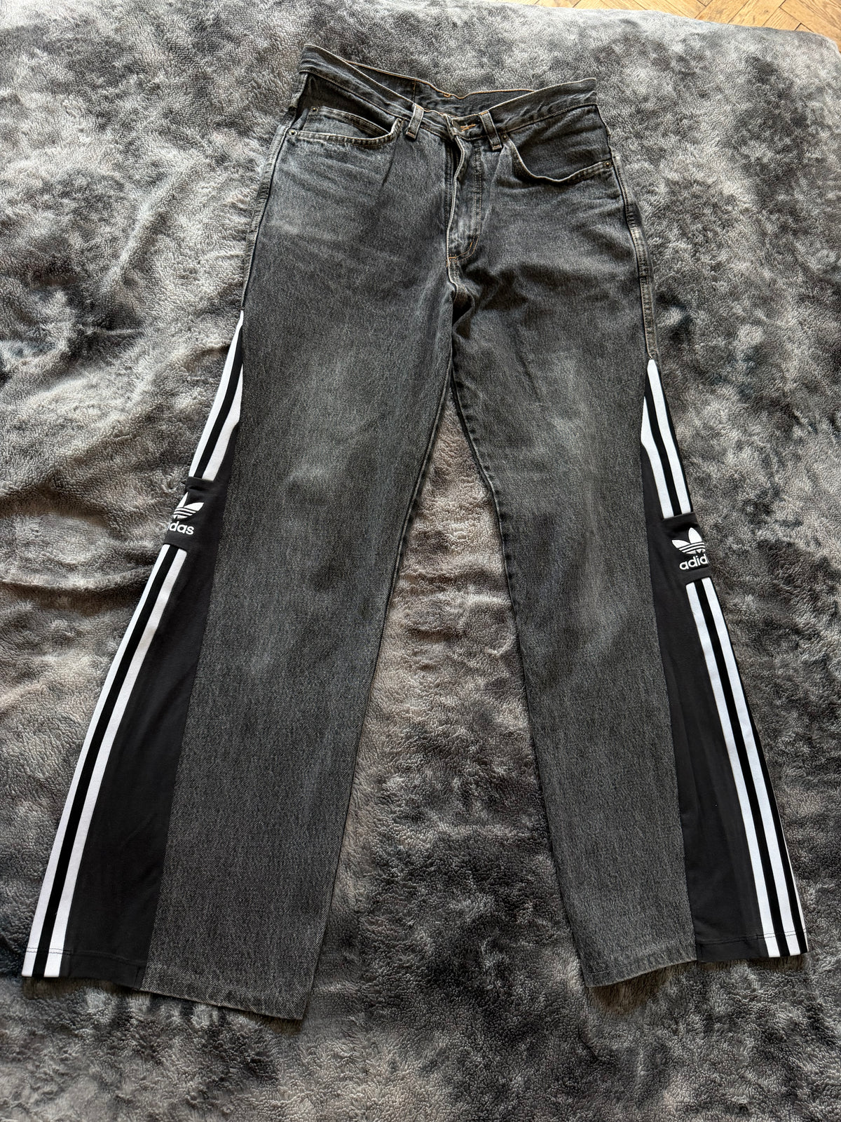 Custom Dark Grey Jeans with Three Stripes – One of a Kind – Size S/M
