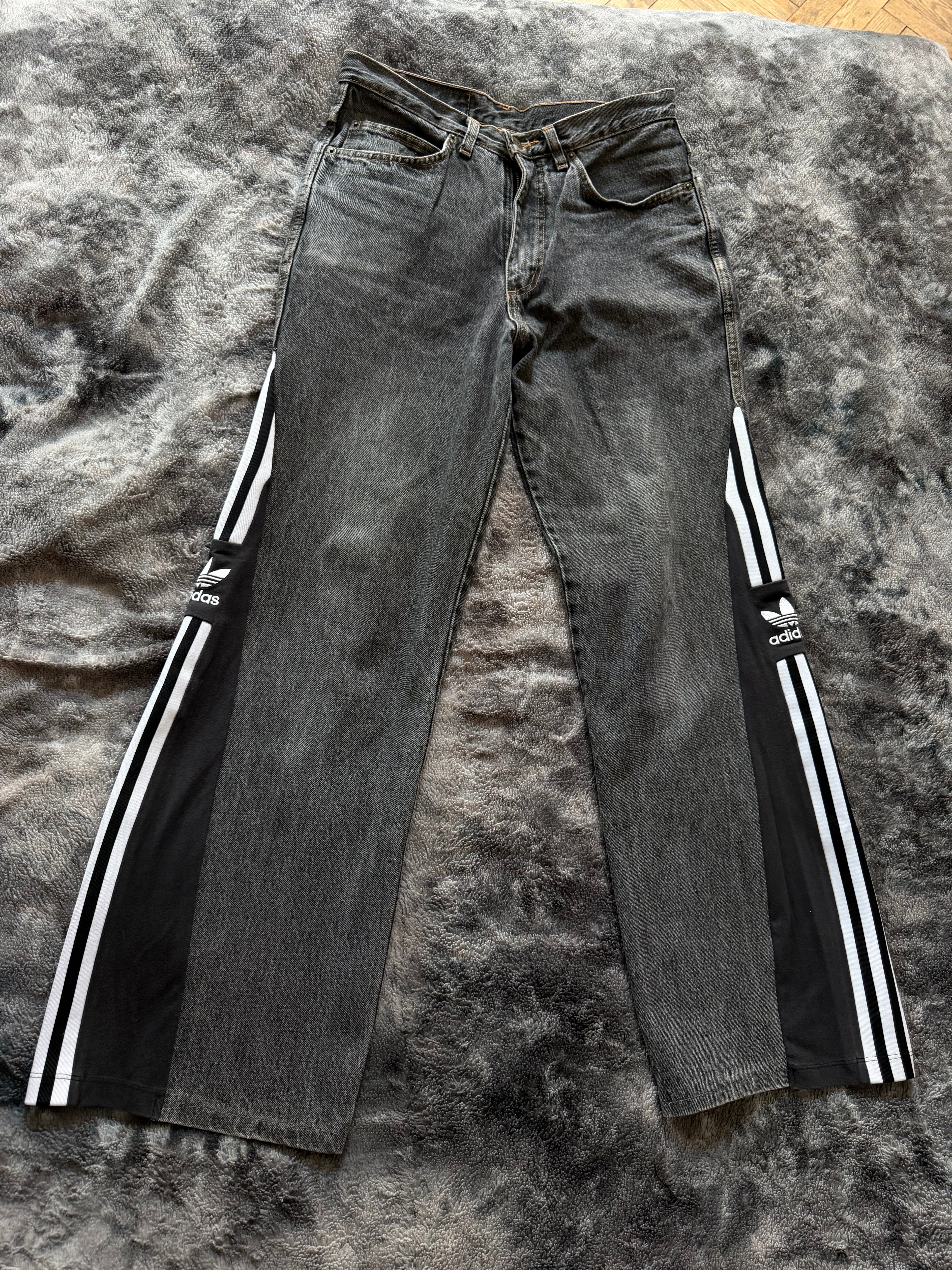 Custom Dark Grey Jeans with Three Stripes – One of a Kind – Size S/M