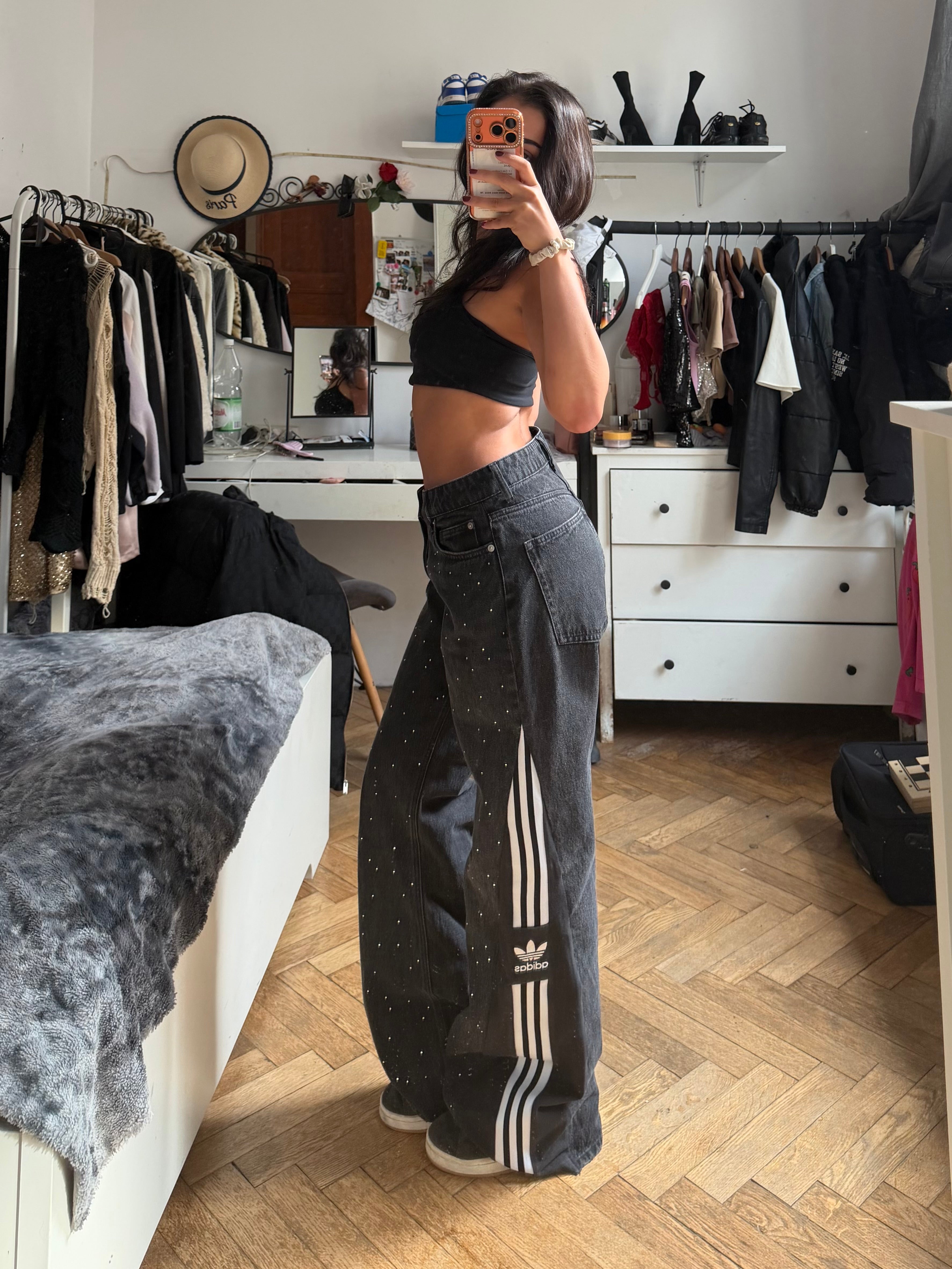 Custom Black & Grey Jeans with Diamond Details and Three Stripes – One of a Kind – Size M