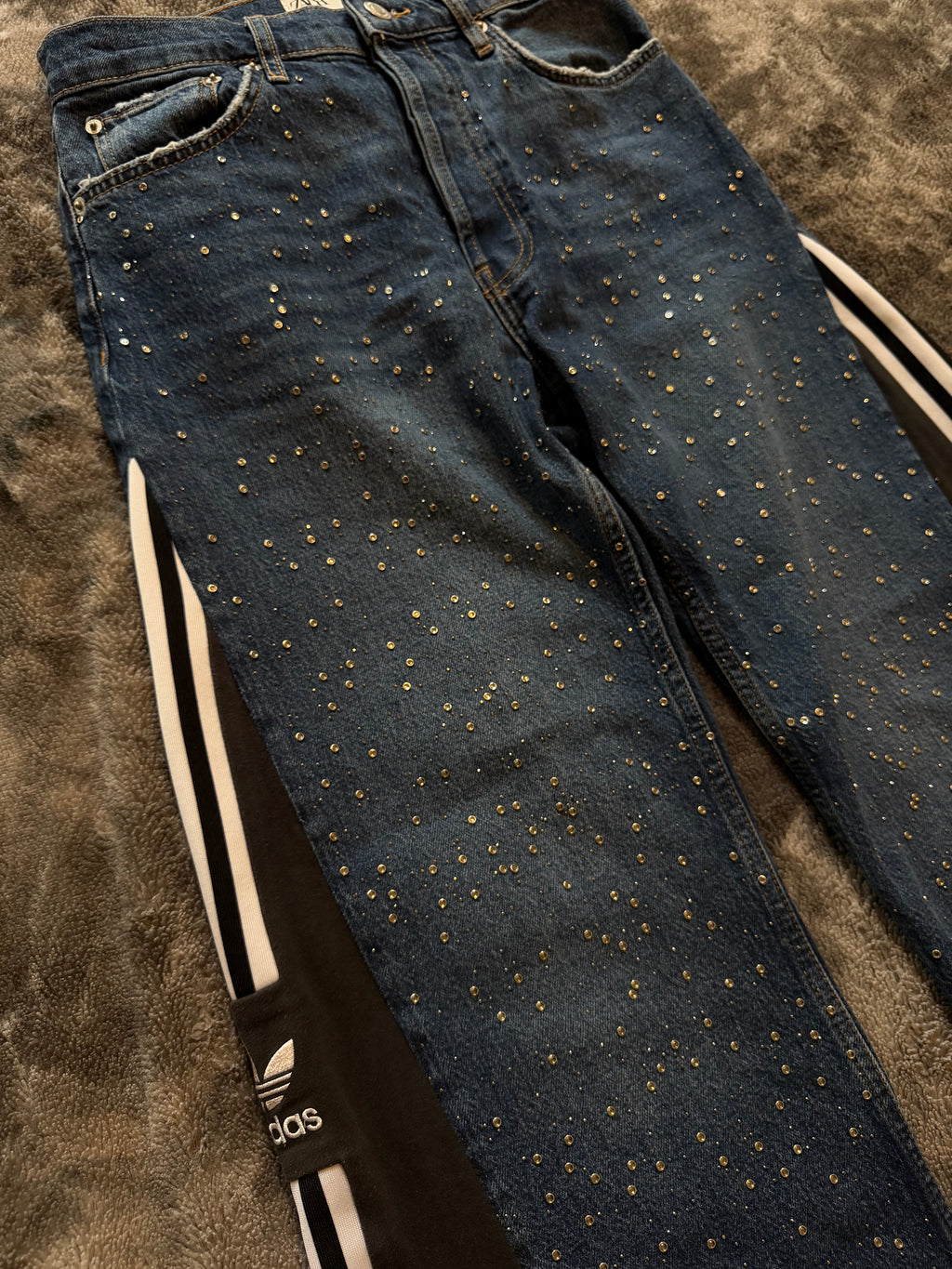Rhinestone Three Stripe Baggy Jeans – Size S/XS