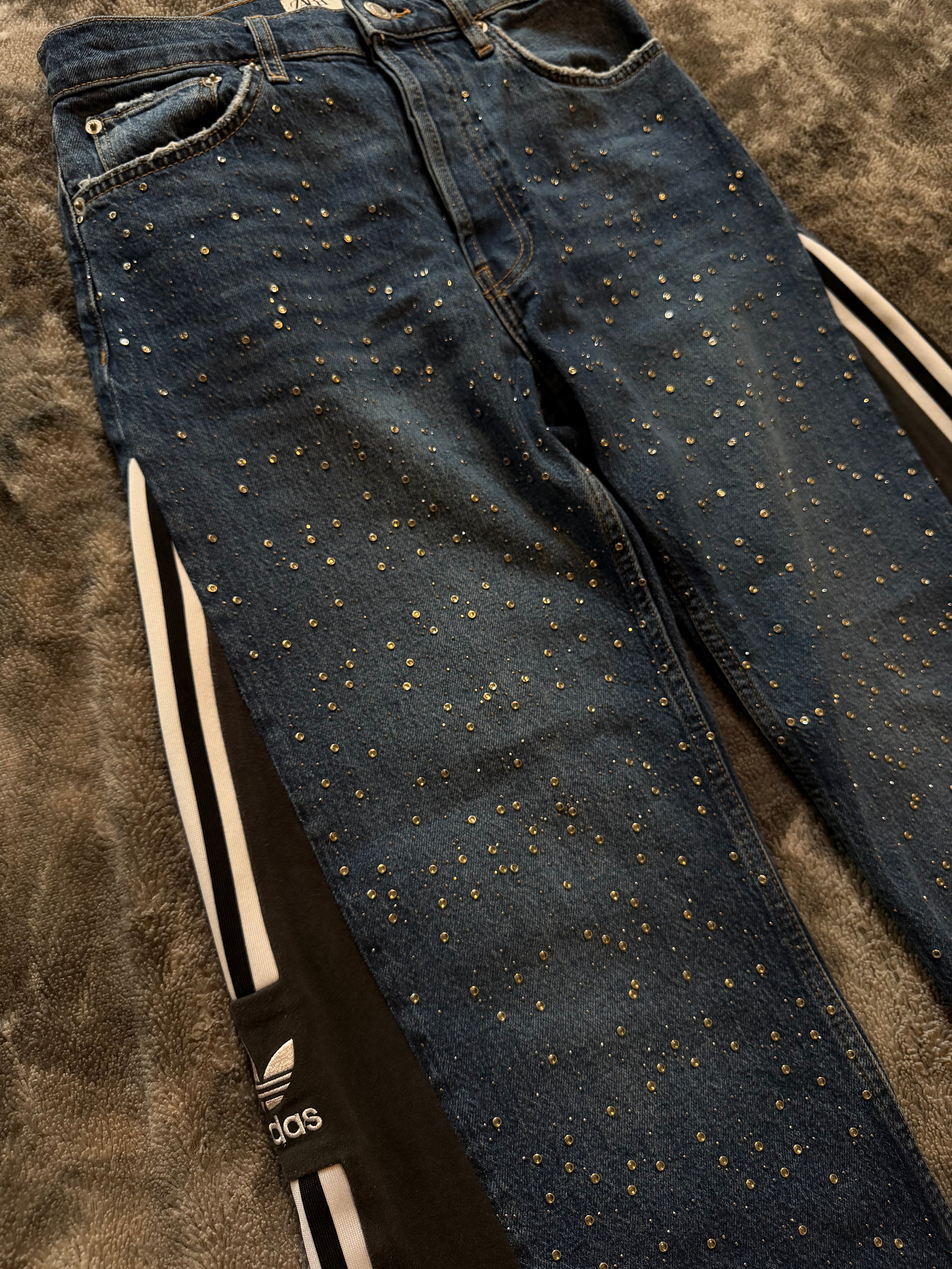 Rhinestone Three Stripe Baggy Jeans – Size S/XS