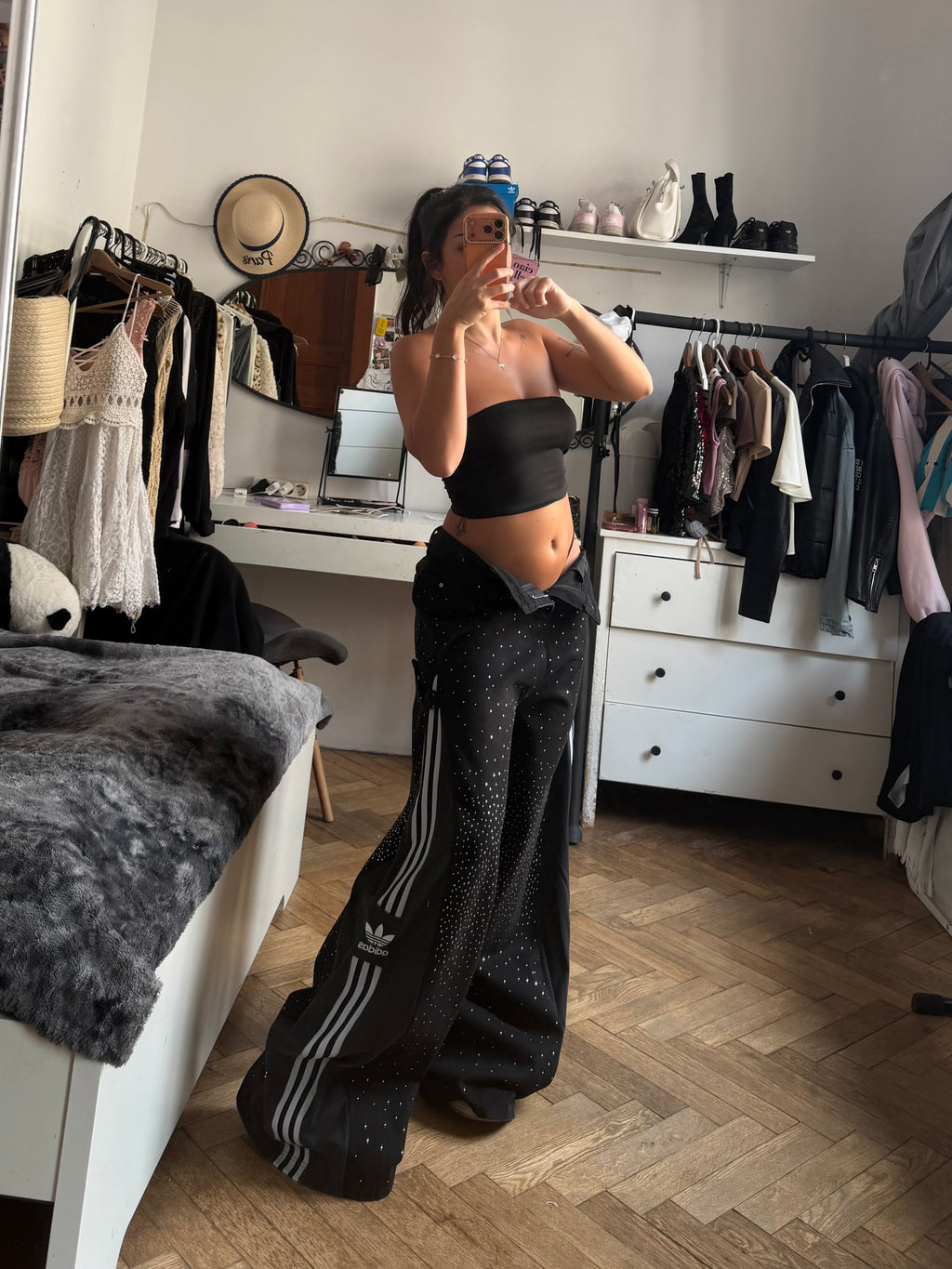 Black Rhinestone Triple Stripe Baggy Jeans – Wide Leg (L/M)