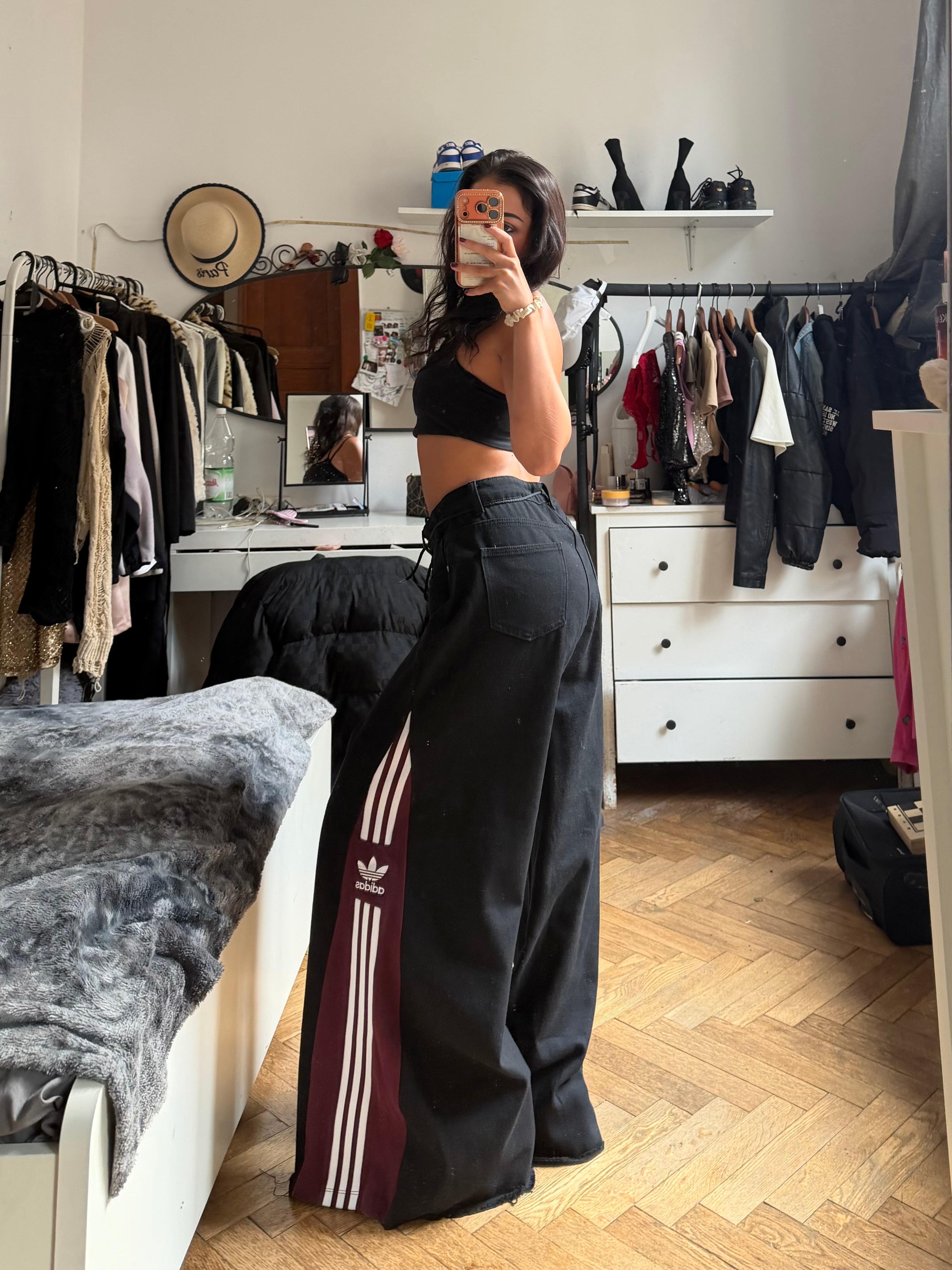 Custom Black Flared Jeans with Burgundy Bell Bottoms – One of a Kind – Size XXXL