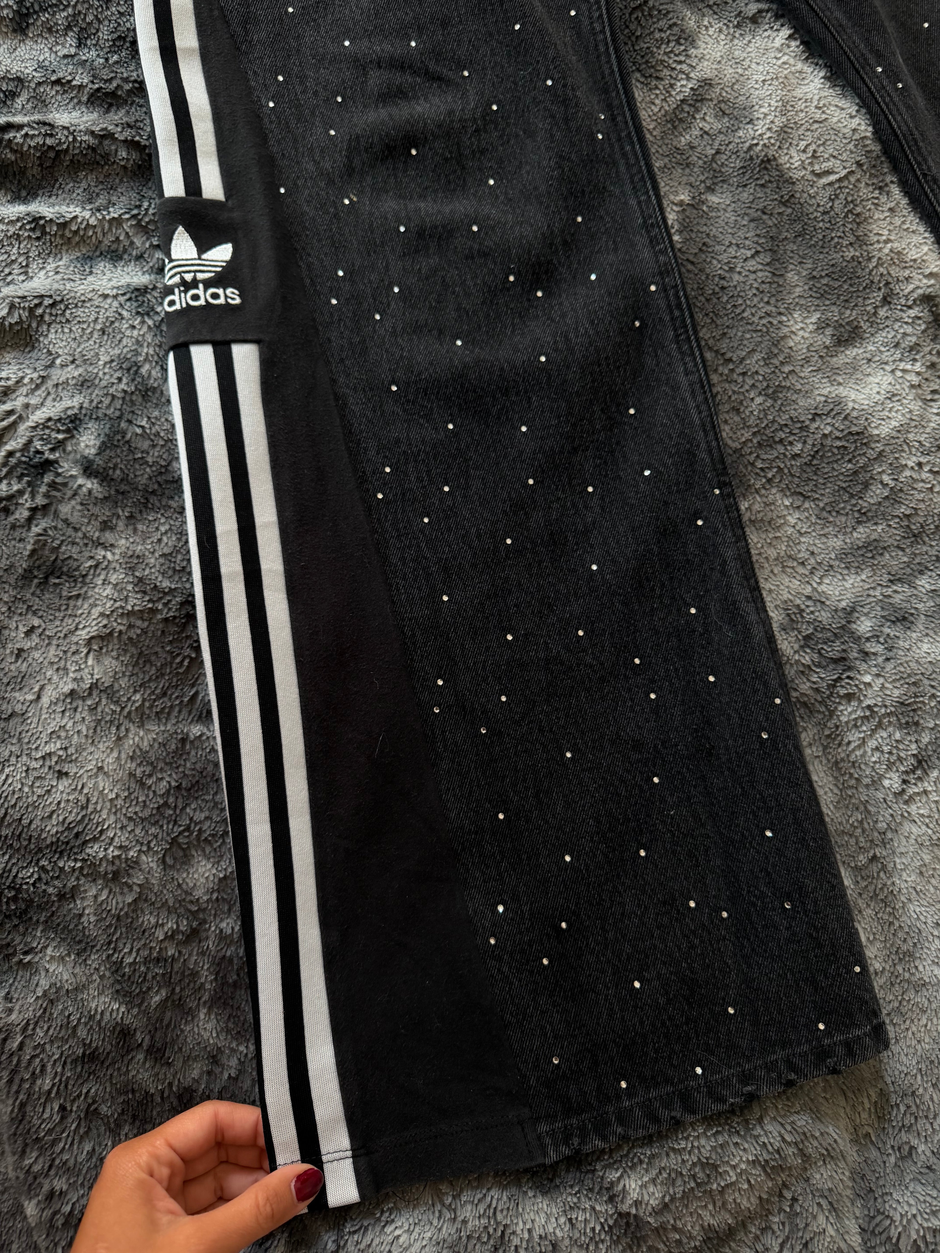 Custom Black & Grey Jeans with Diamond Details and Three Stripes – One of a Kind – Size M