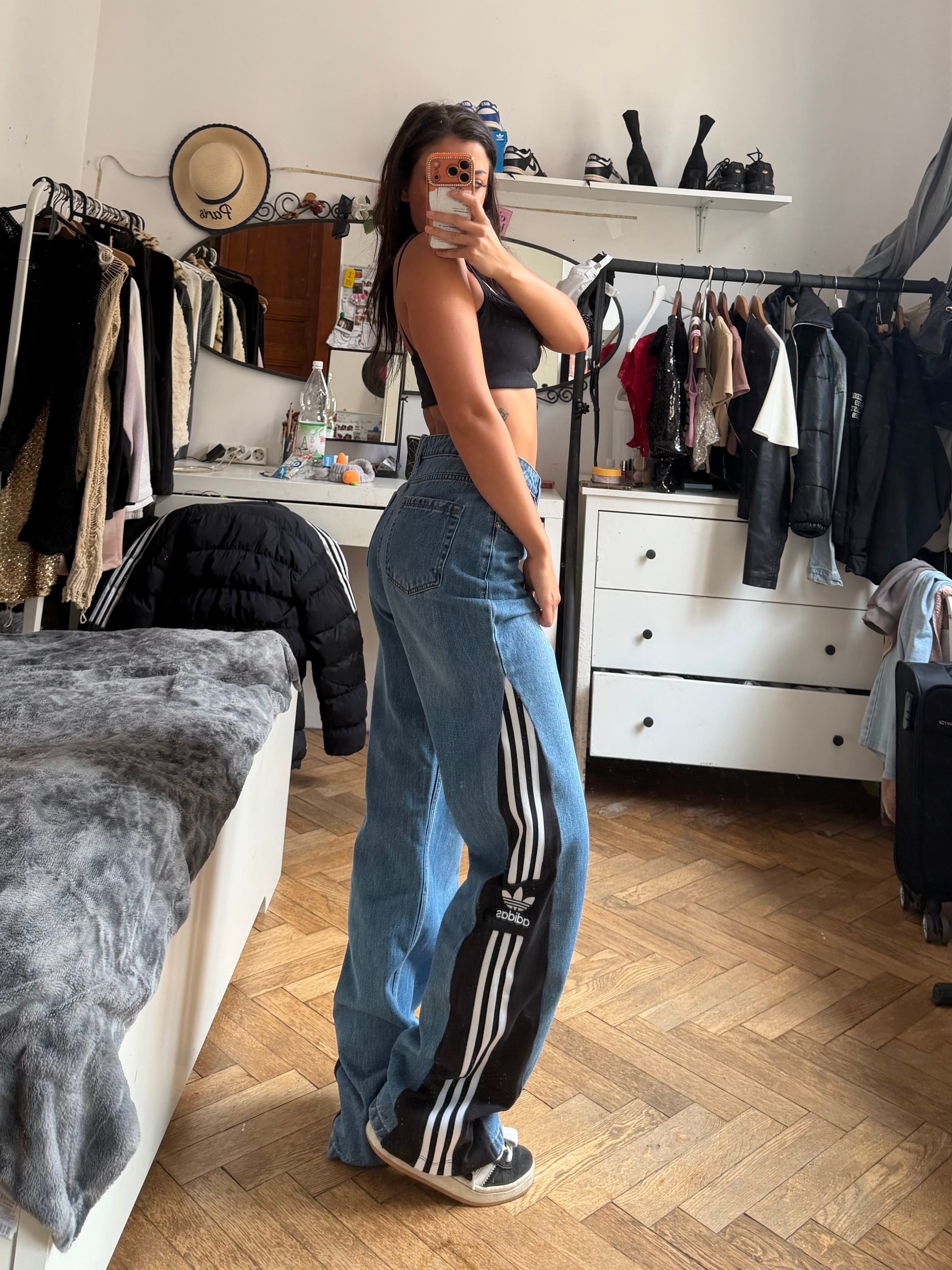 💙 Custom High-Waisted Flared Jeans with Three Stripes – One of a Kind – Size S/M