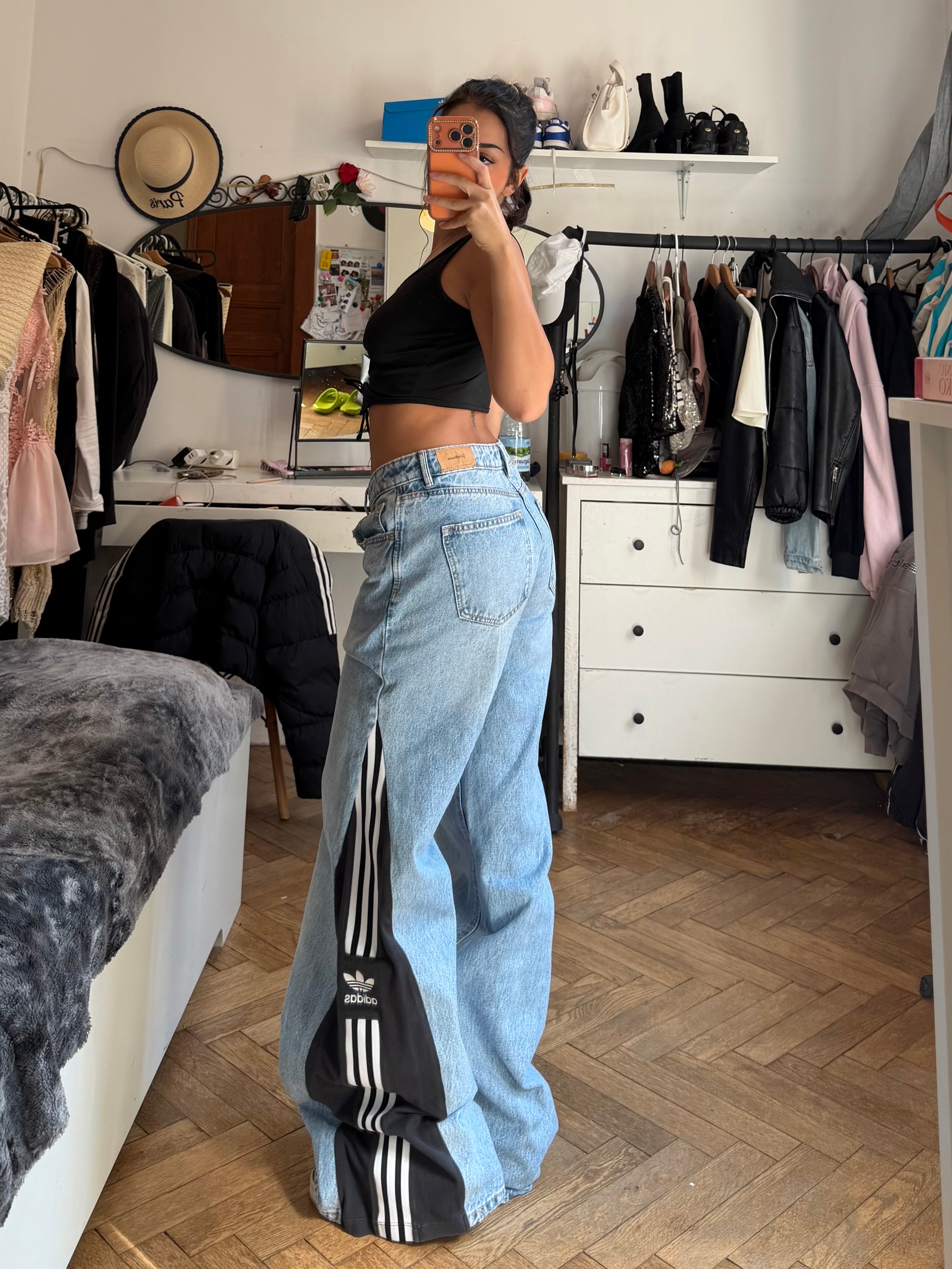 Blue Denim Baggy Jeans – Size L | Wide Leg | 3 Stripes Streetwear