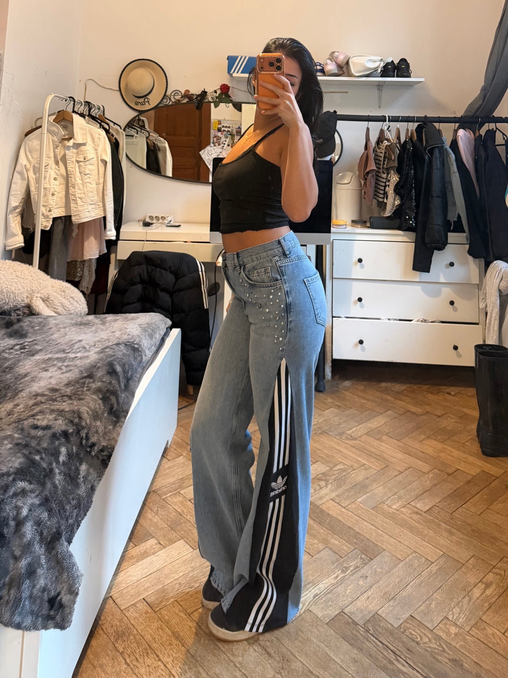 Denim 3-Stripes Diamond Wide-Leg Jeans – Size S/M