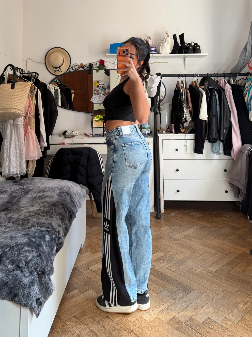 Blue Denim Rhinestone Jeans – XS/XXS | Wide Leg | 3 Stripes Streetwear
