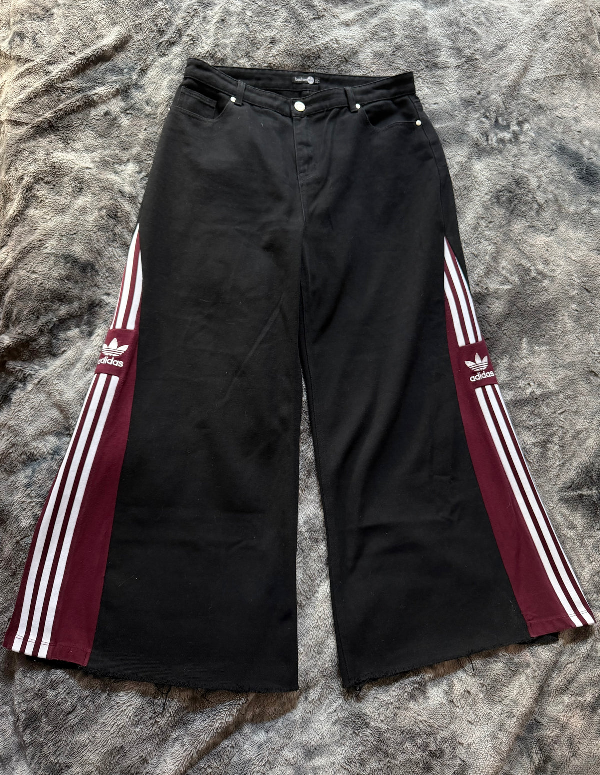 Custom Black Flared Jeans with Burgundy Bell Bottoms – One of a Kind – Size XXXL