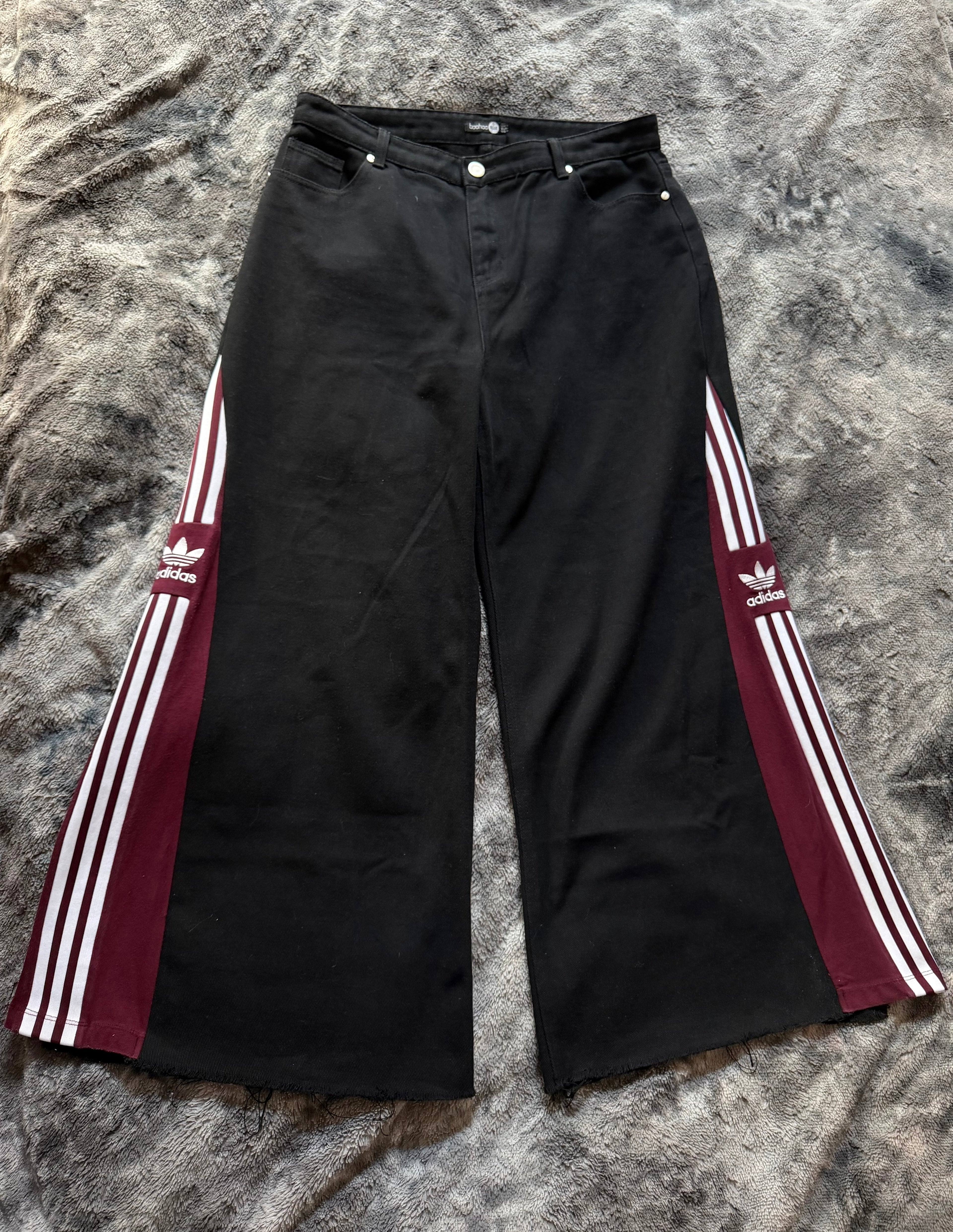 Custom Black Flared Jeans with Burgundy Bell Bottoms – One of a Kind – Size XXXL