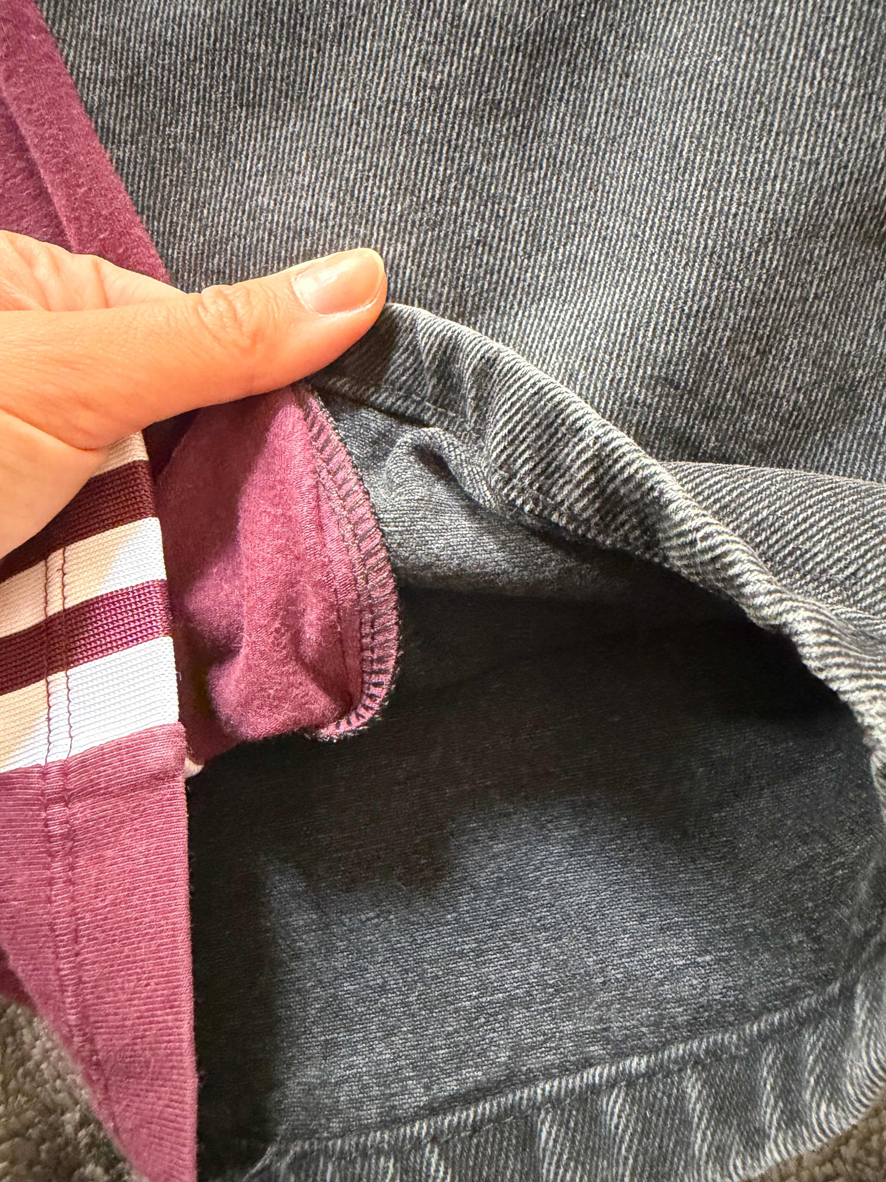 🖤 Custom Dark Grey Jeans with Burgundy Bell Bottoms and Three Stripes – One of a Kind – Size S/M