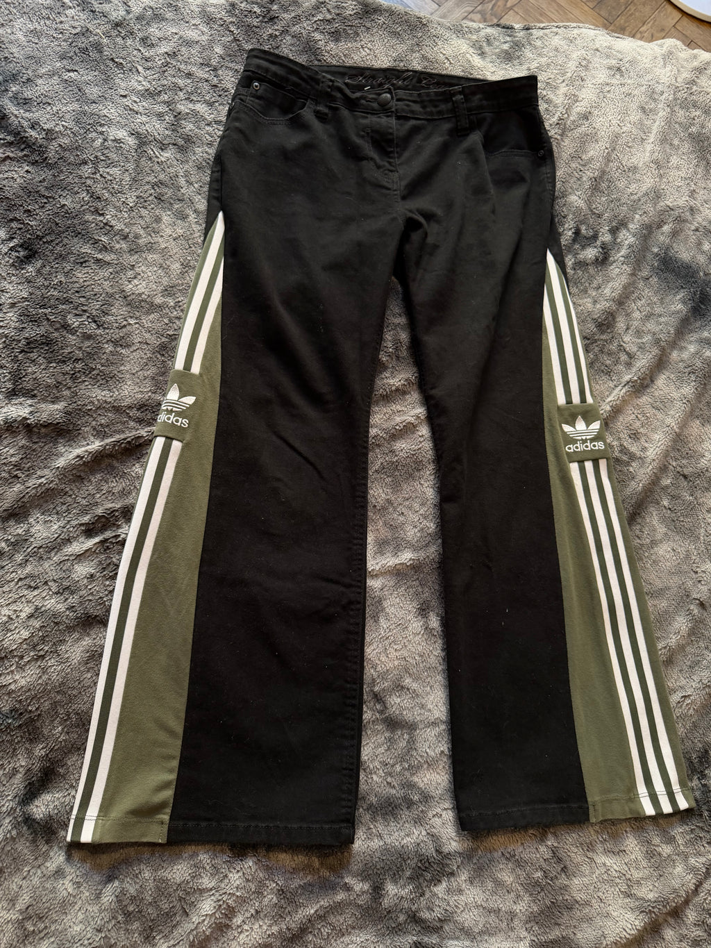 Black 3-Stripe Baggy Flared Pants – Green Stripes – Wide Leg – Size M