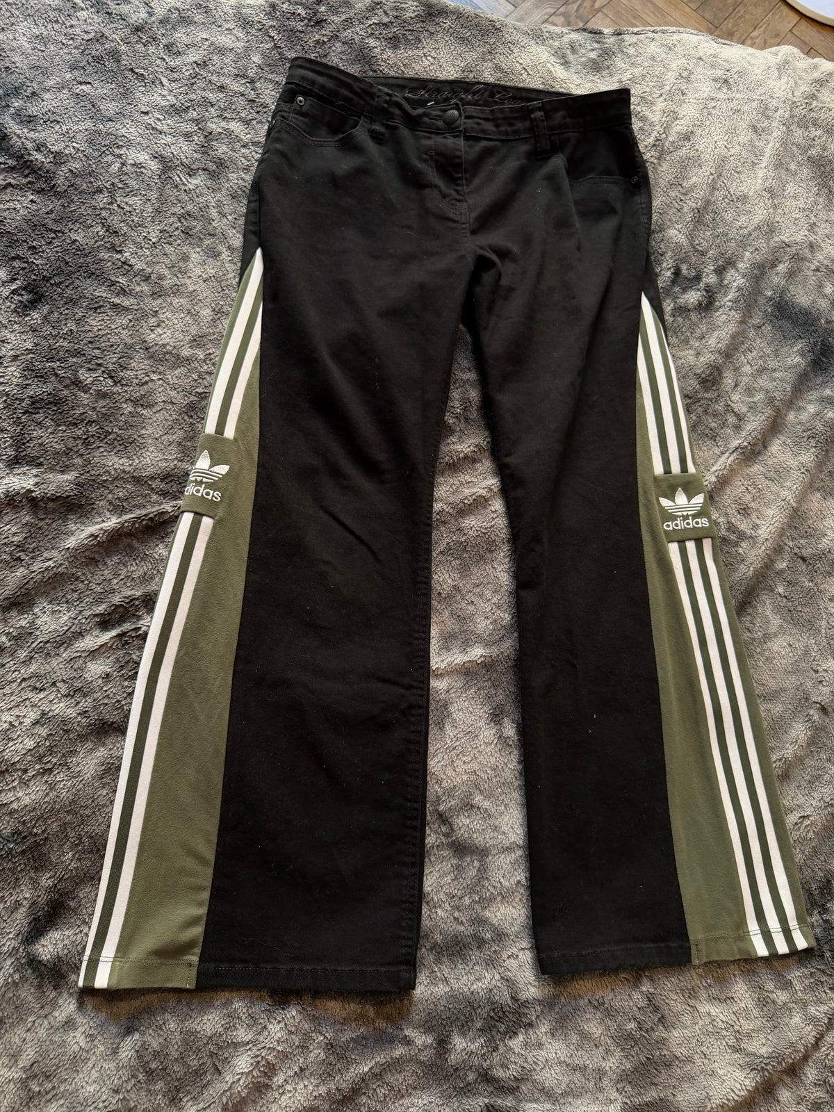 Black 3-Stripe Baggy Flared Pants – Green Stripes – Wide Leg – Size M