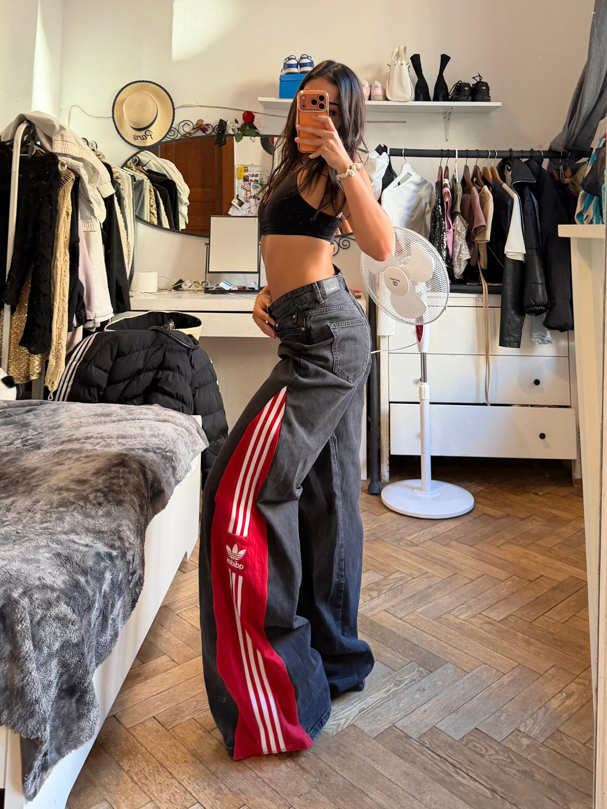 Black 3-Stripe Baggy Flared Pants – Red Stripes – Oversized – Size L