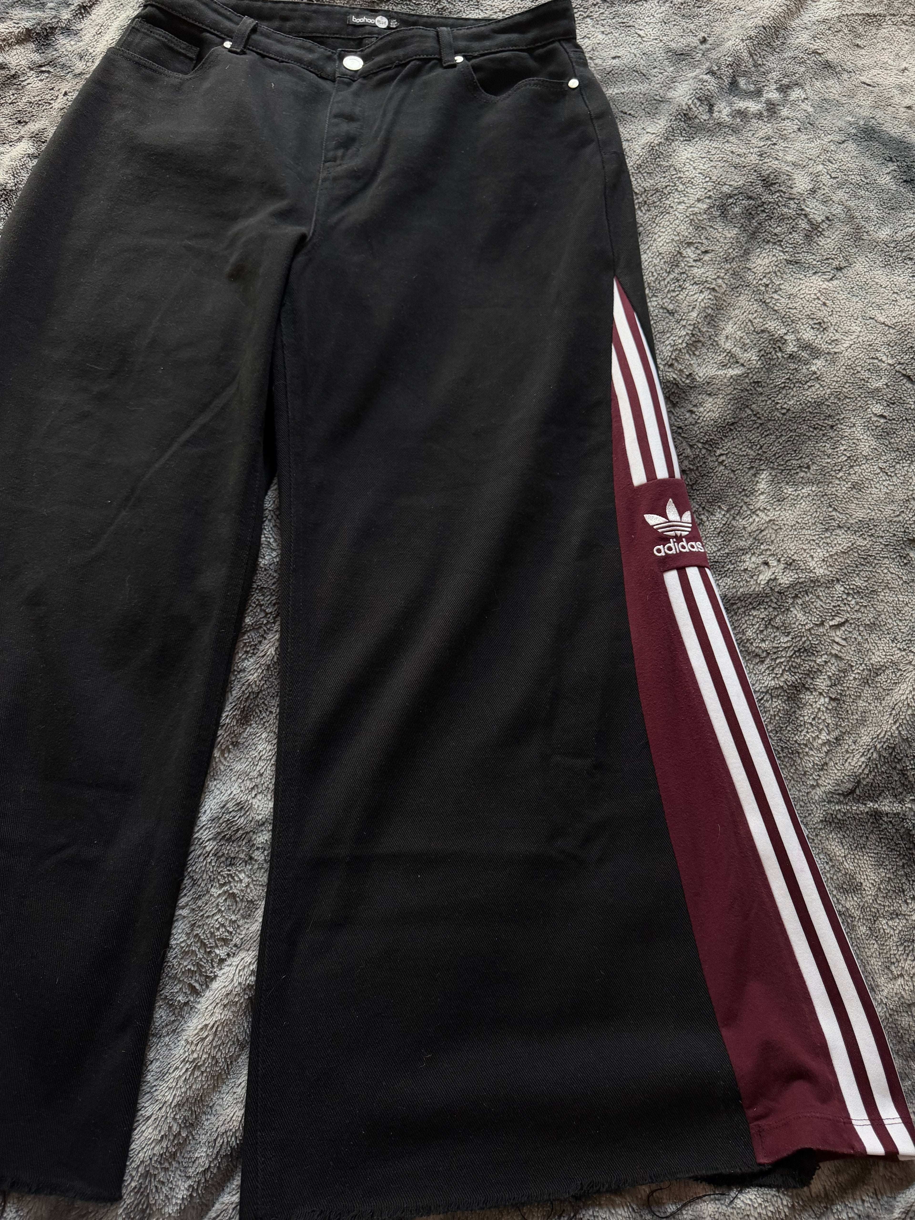 Custom Black Flared Jeans with Burgundy Bell Bottoms – One of a Kind – Size XXXL
