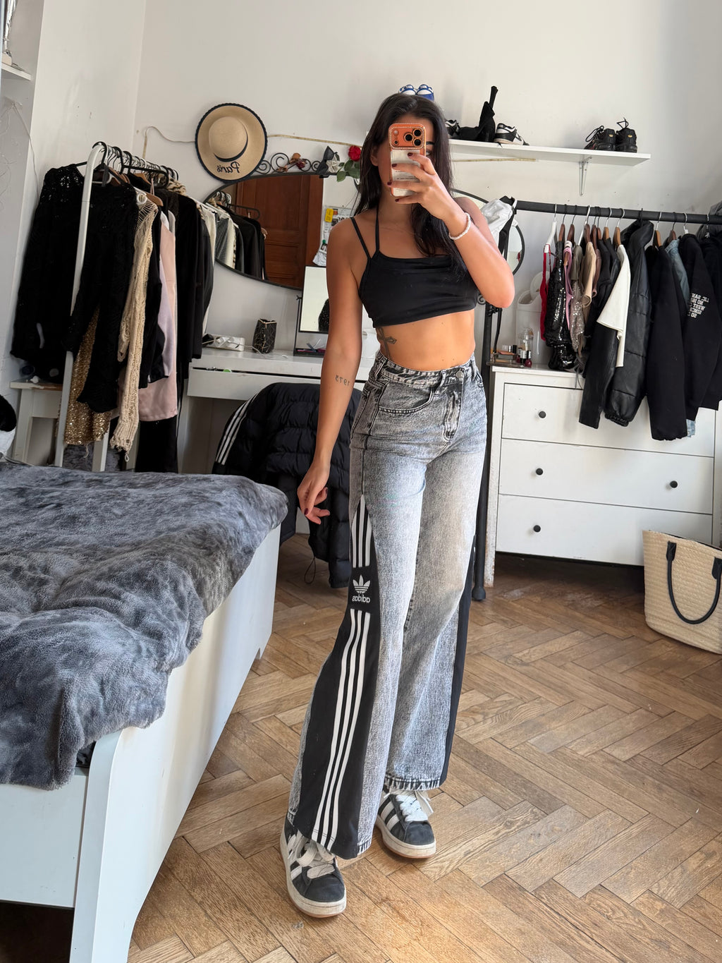 Custom Grey Wide Leg Jeans with Three Stripes – One of a Kind – Size XXS/XS
