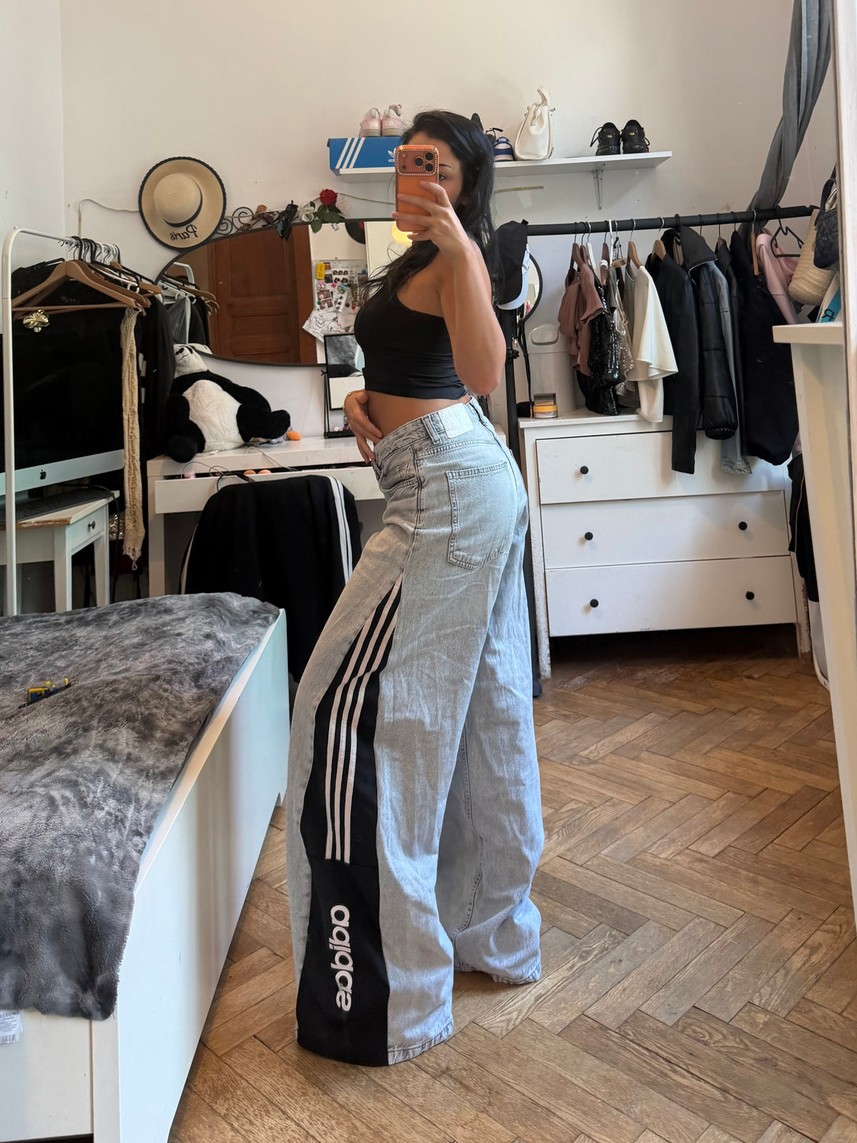 Grey 3-Stripes Wide Leg Denim Jeans – Size S/M