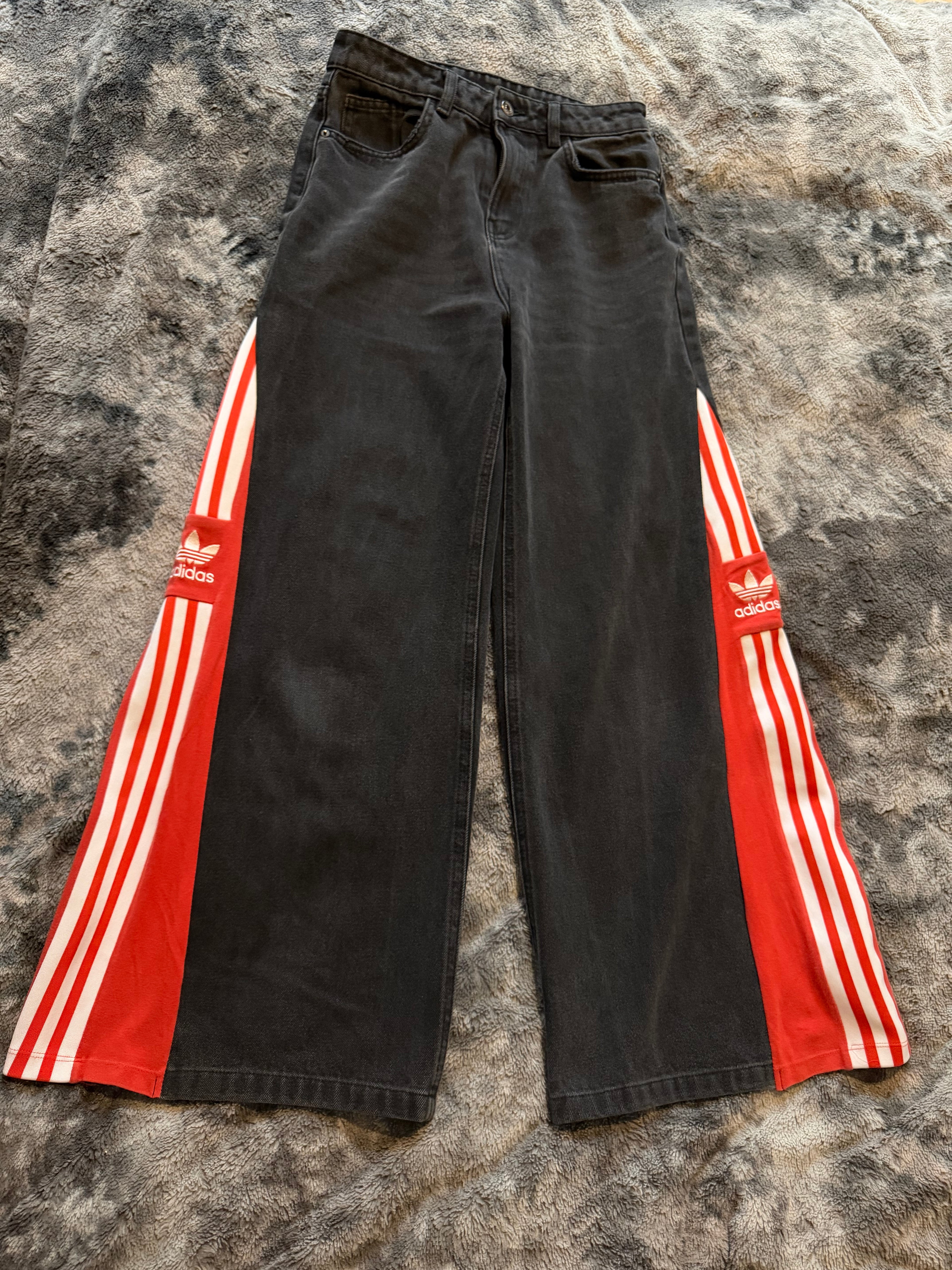 Custom Baggy Jeans Red Adidas Stripes – Size XS/S