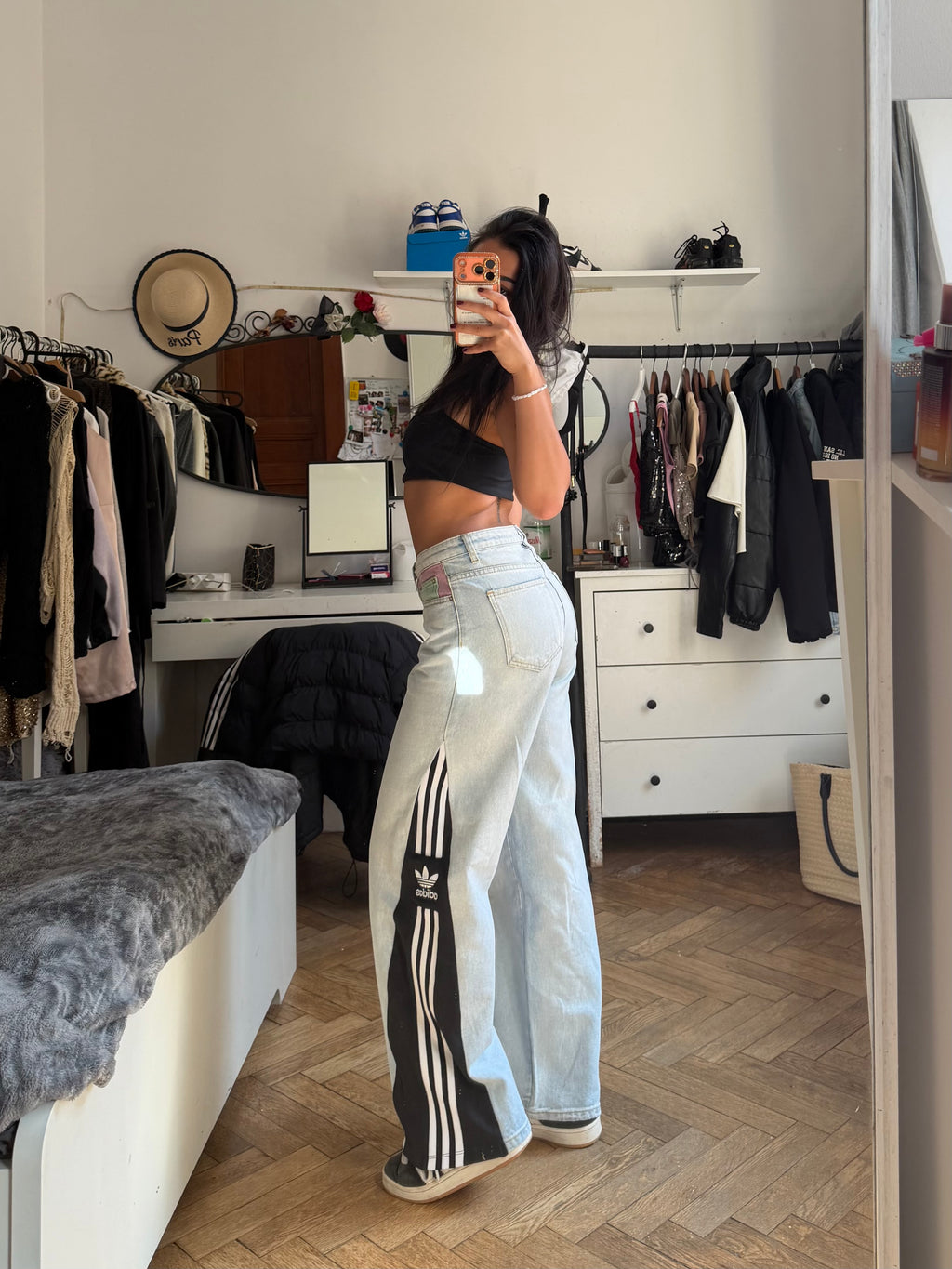 Custom Jeans with Three Stripes & Pink Pocket – One of a Kind – Size S