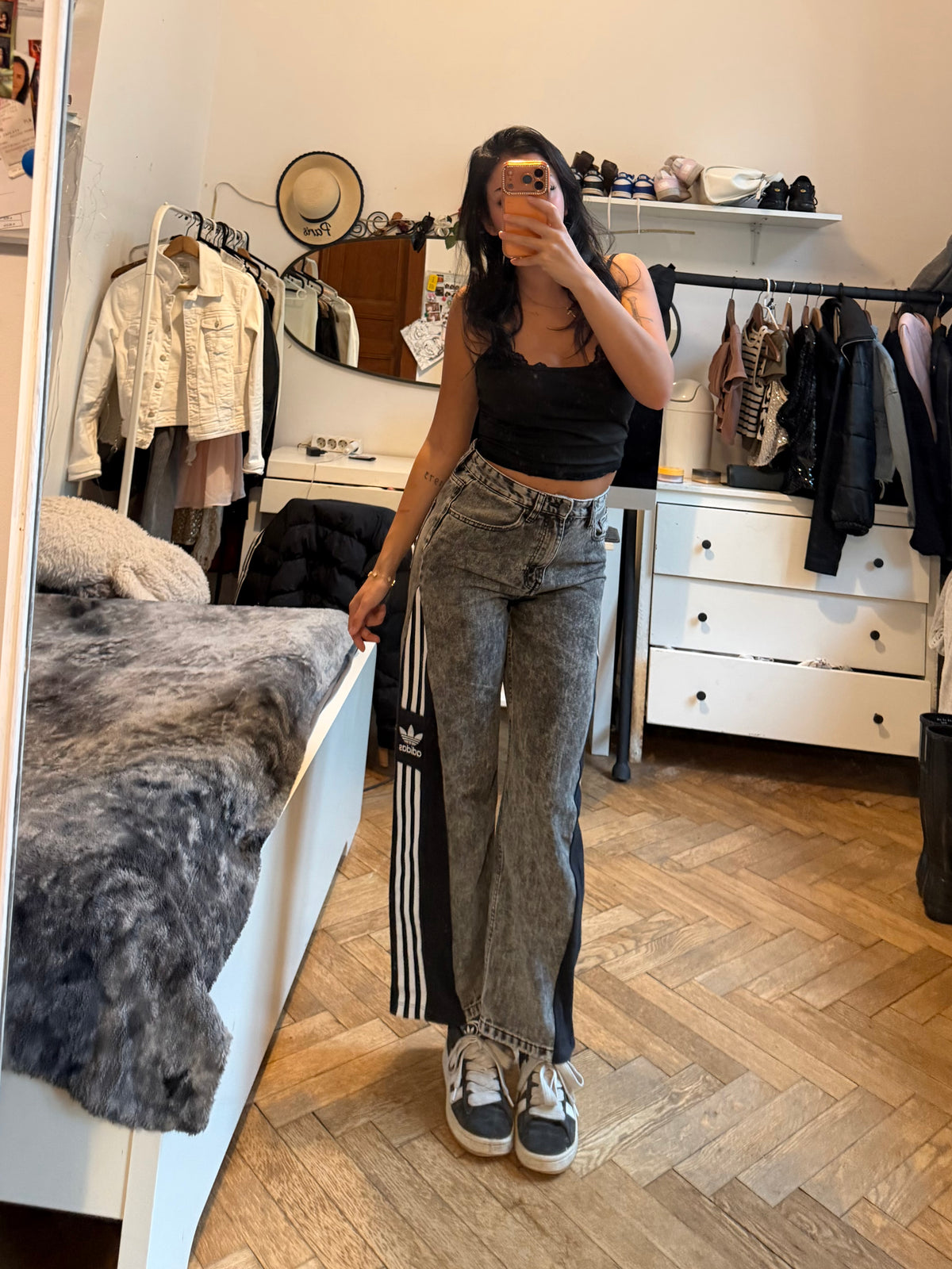 Grey Denim 3-Stripes Wide-Leg Jeans – Size XS/S