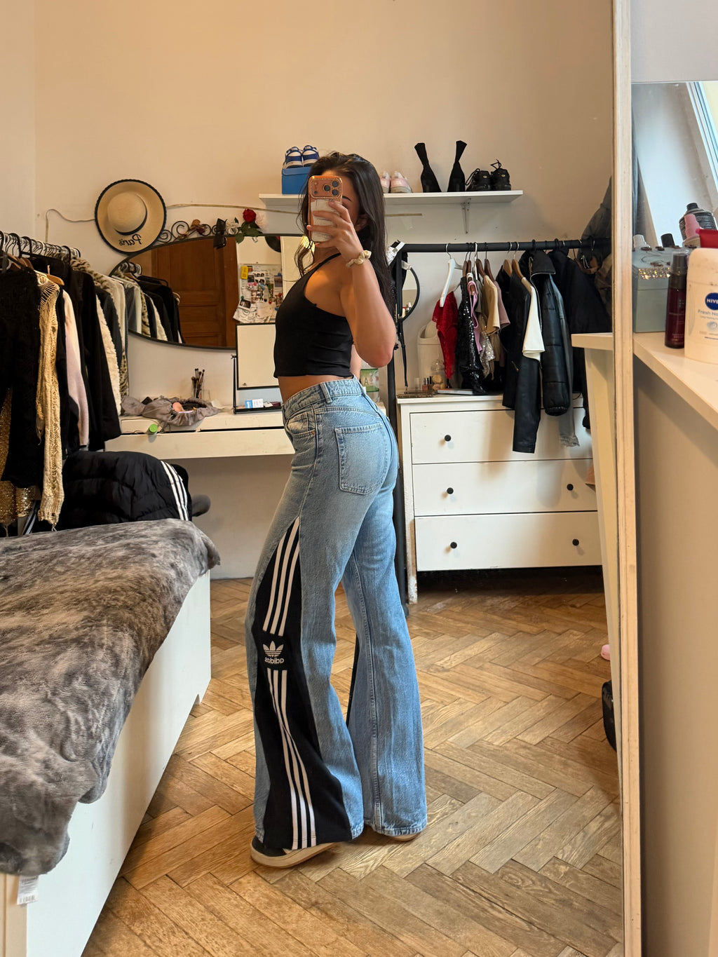 💙 Custom Flared Jeans with Three Stripes – One of a Kind – Size XS/S