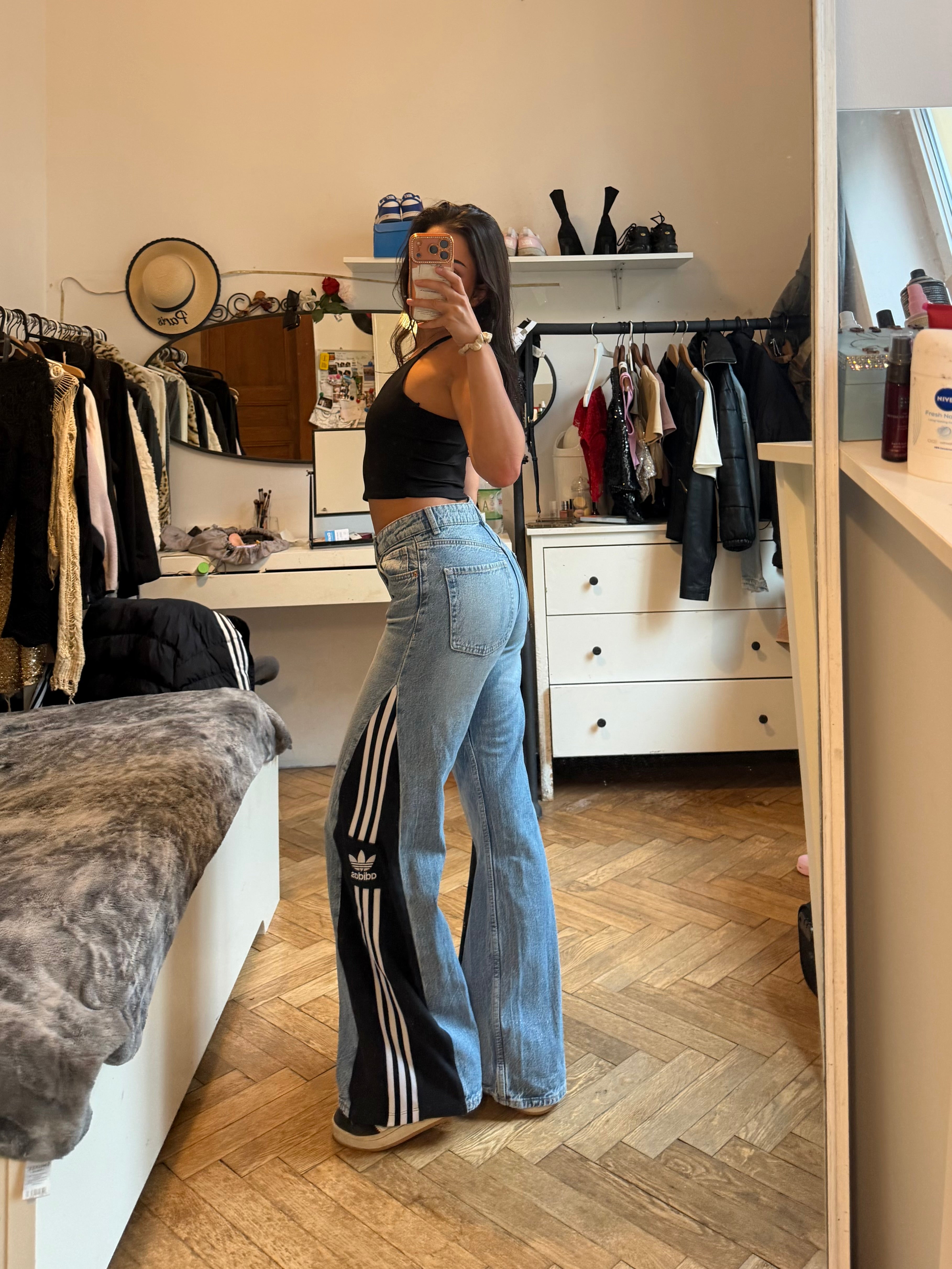 💙 Custom Flared Jeans with Three Stripes – One of a Kind – Size XS/S