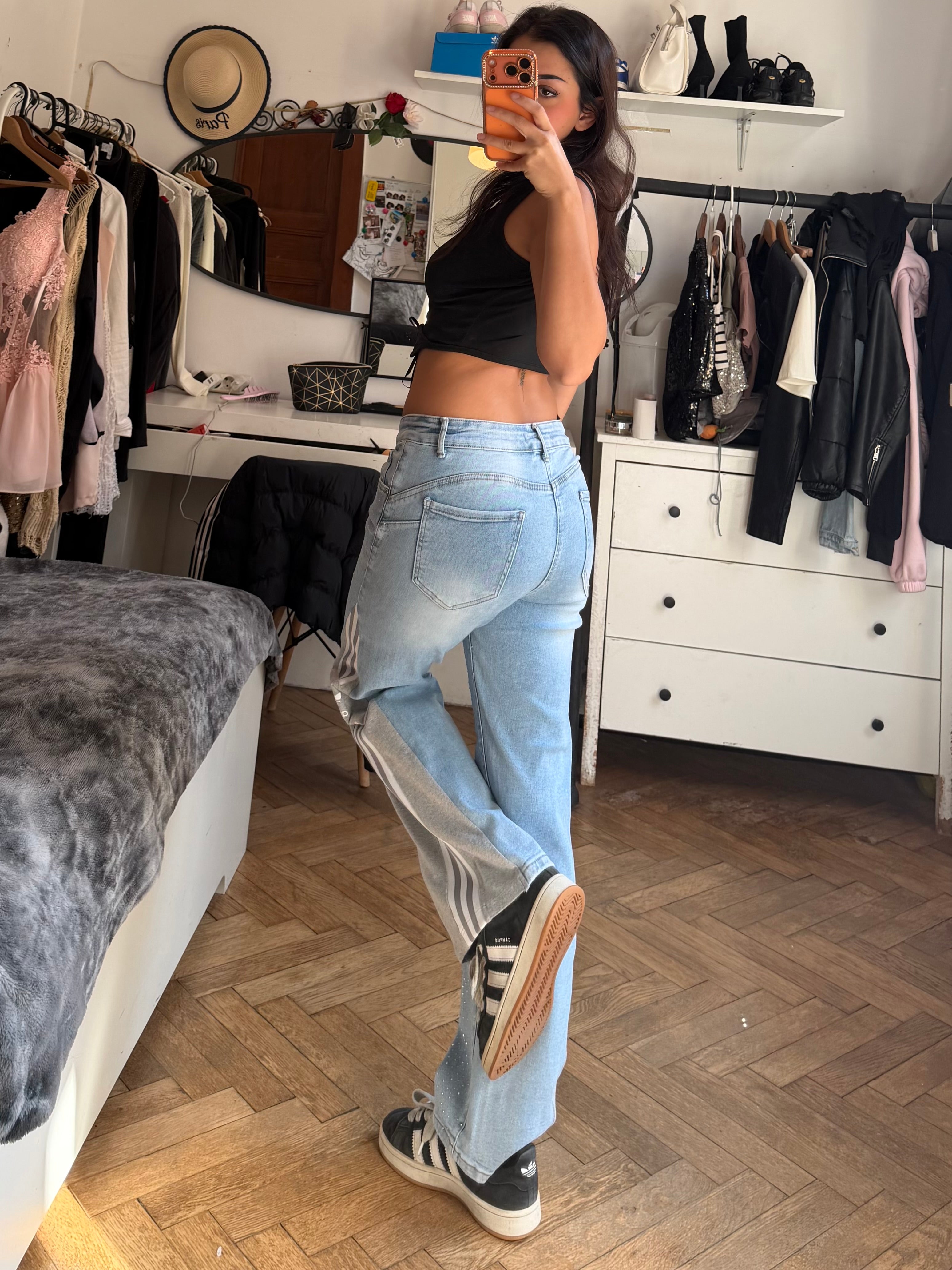 Grey Butterfly Rhinestone Flare Jeans – 3 Stripe Push Up Wide Leg size m-xs