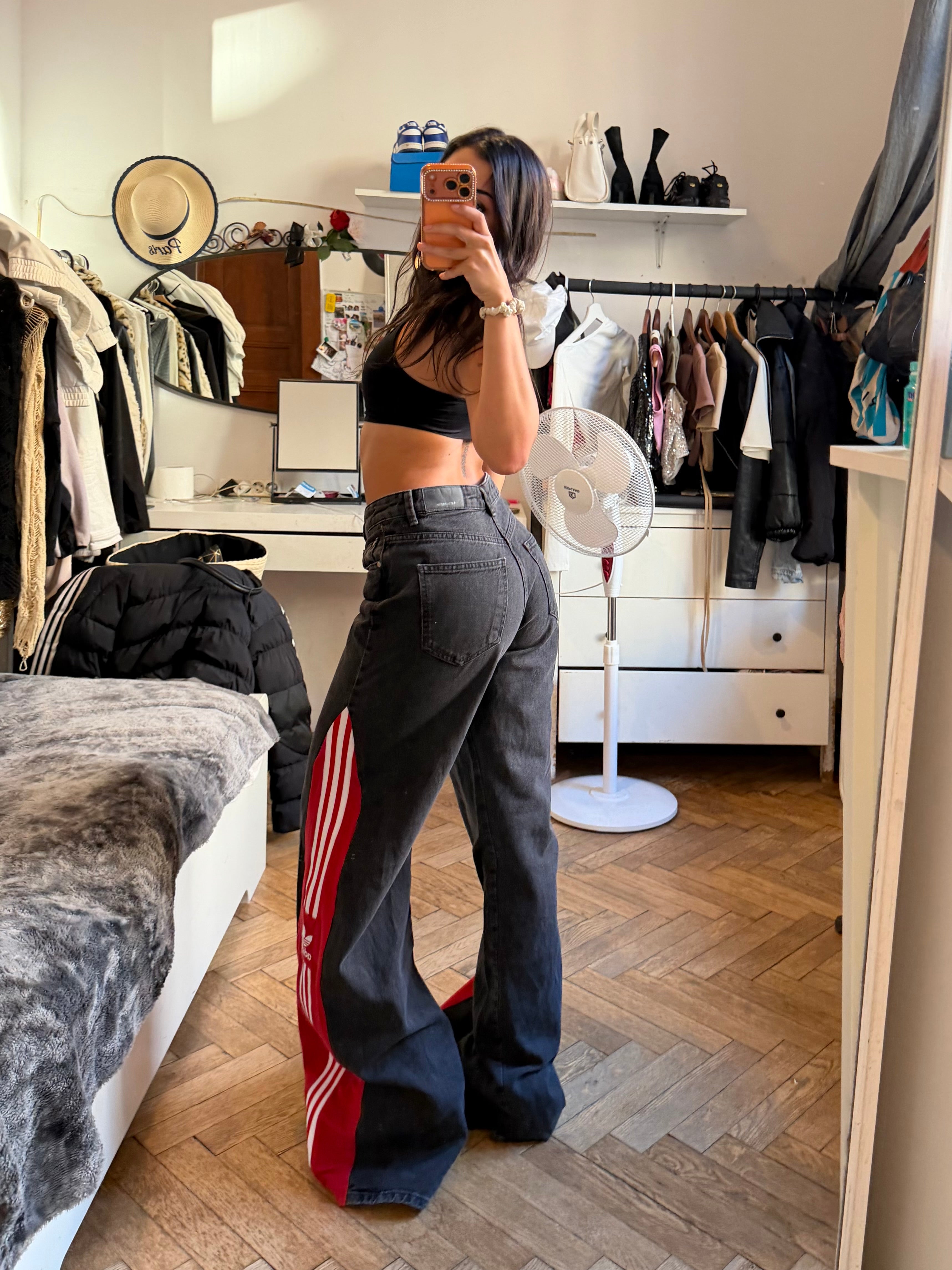 Black 3-Stripe Baggy Flared Pants – Red Stripes – Oversized – Size L