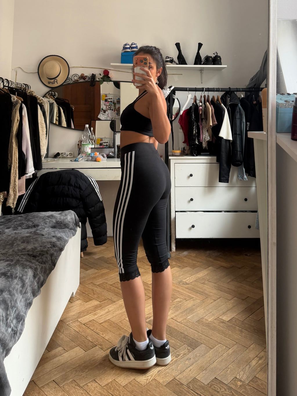 🖤 Custom Three-Stripe Capri Leggings with Lace Detail – One of a Kind – Size XS/S