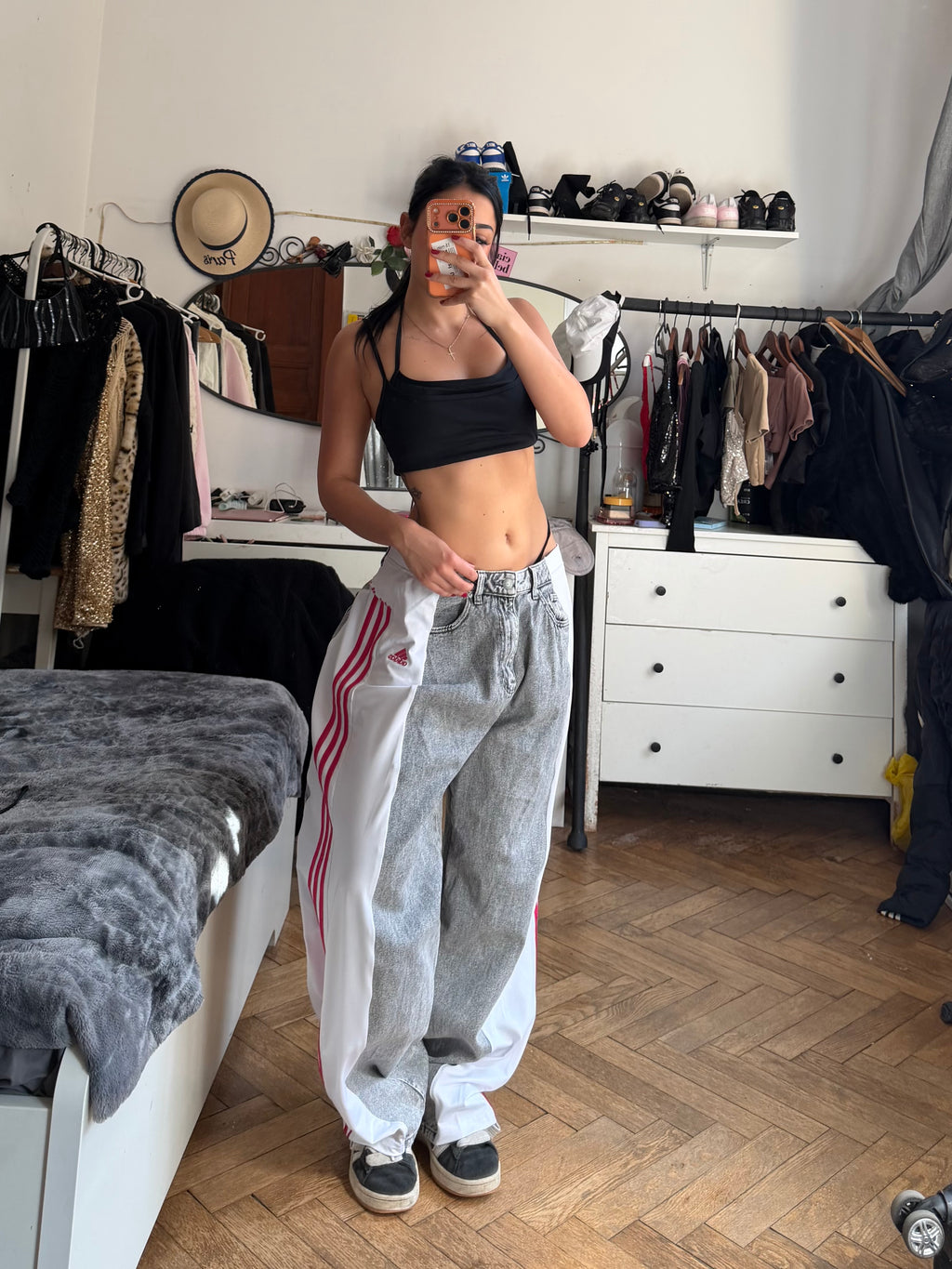 Custom Grey/White Baggy Jeans with Pink Stripes – One of a Kind – Size M