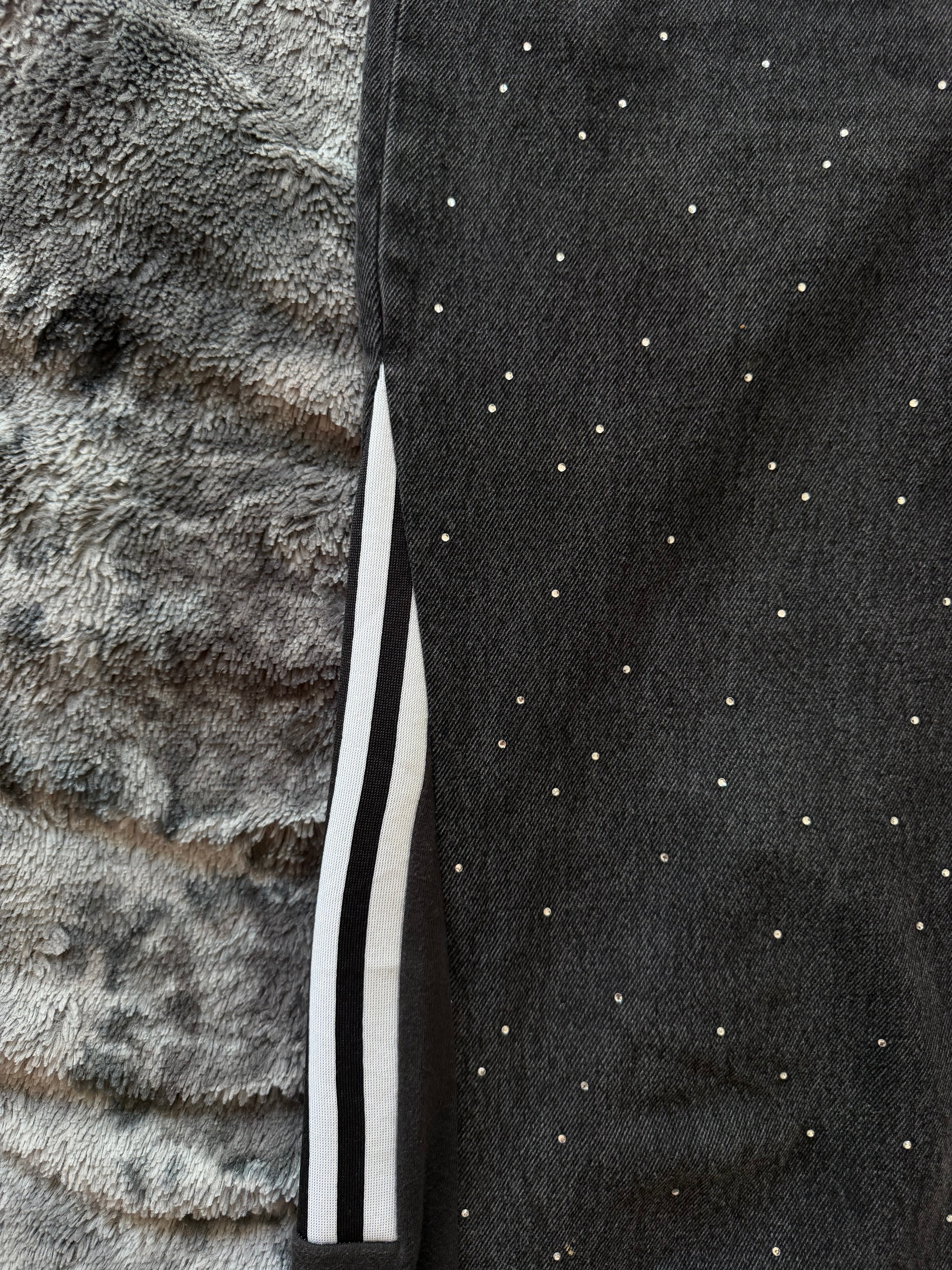 Custom Black & Grey Jeans with Diamond Details and Three Stripes – One of a Kind – Size M