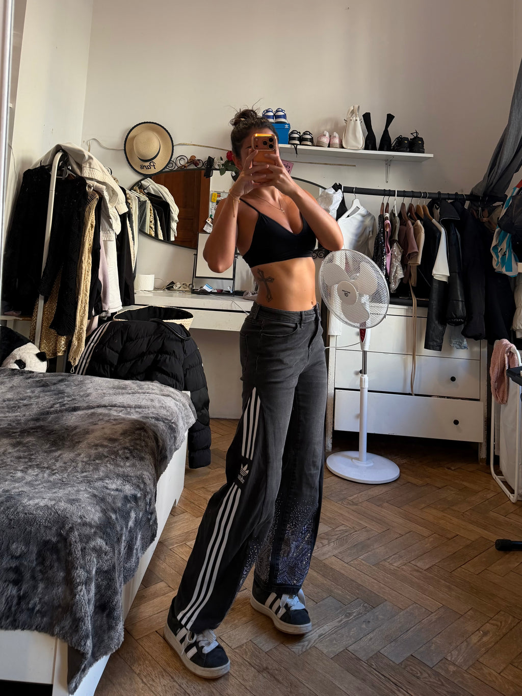 Adidas Style Rhinestone Baggy Track Pants – Wide Leg – 3 Stripes