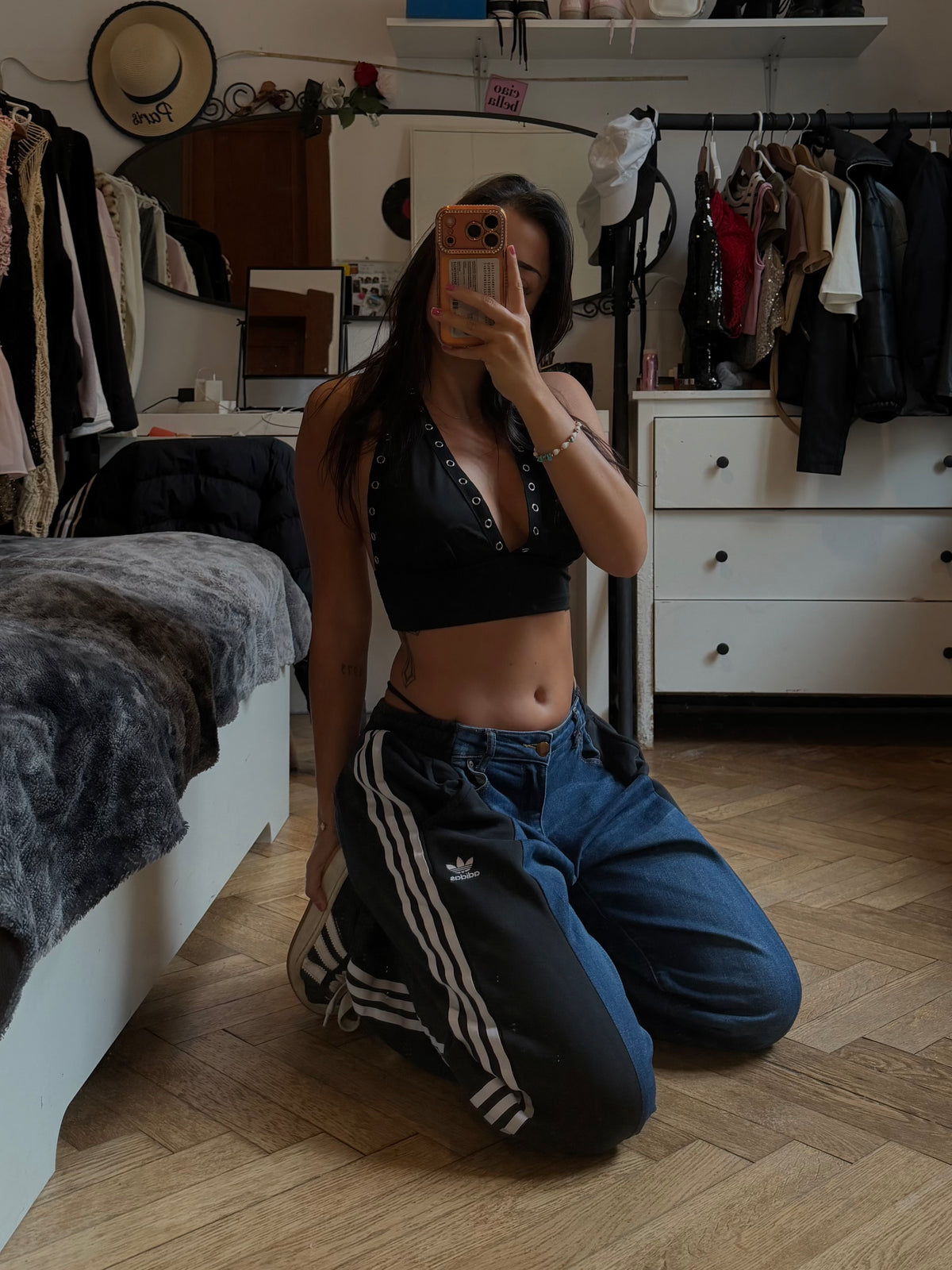 Black Baggy Jeans with 3 Stripes – Size M–XS