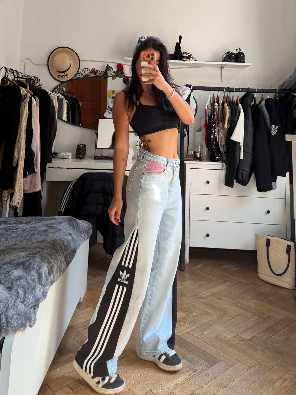 Custom Jeans with Three Stripes & Pink Pocket – One of a Kind – Size S